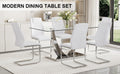 Table And Chair Set.Modern Dining Table,Tempered Glass Tabletop And Silver Colored Leg.Paired With 6 Soft And Comfortable High Quality White Pu Dining Chairs With Silver Legs. Silver,White Seats 6
