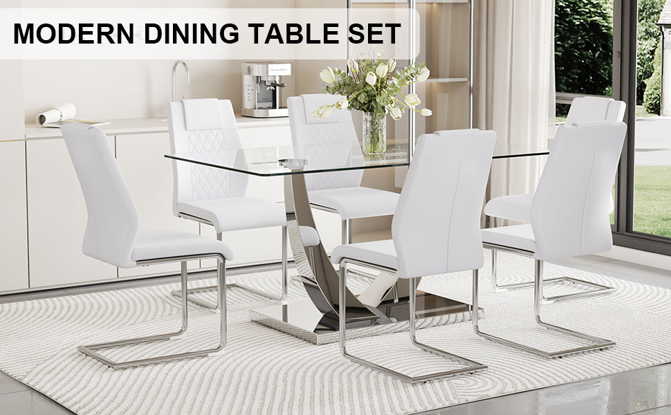 Table And Chair Set.Modern Dining Table,Tempered Glass Tabletop And Silver Colored Leg.Paired With 6 Soft And Comfortable High Quality White Pu Dining Chairs With Silver Legs. Silver,White Seats 6