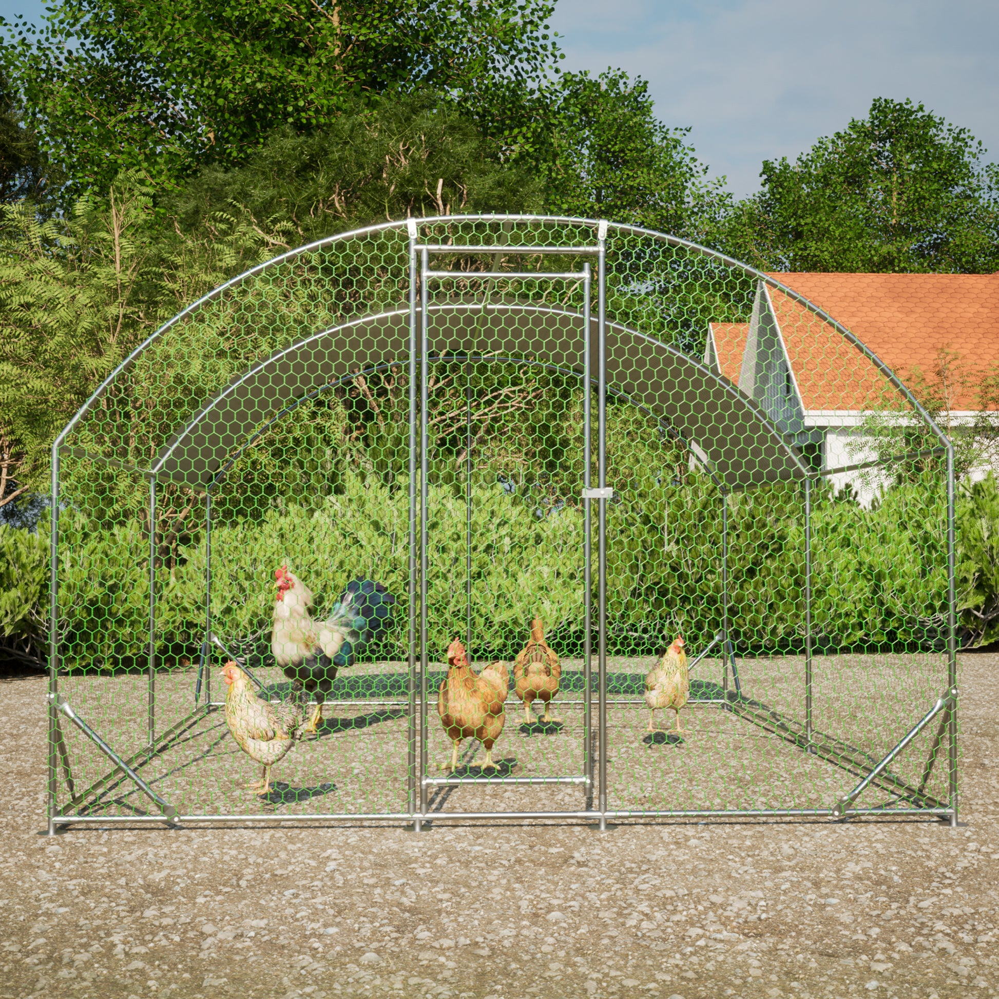 Large Chicken Coop Metal Chicken Run With Waterproof And Anti Uv Cover, Dome Shaped Walk In Fence Cage Hen House For Outdoor And Yard Farm Use, 1" Tube Diameter, 9.84' X 13.12' X 6.56' Silver Metal