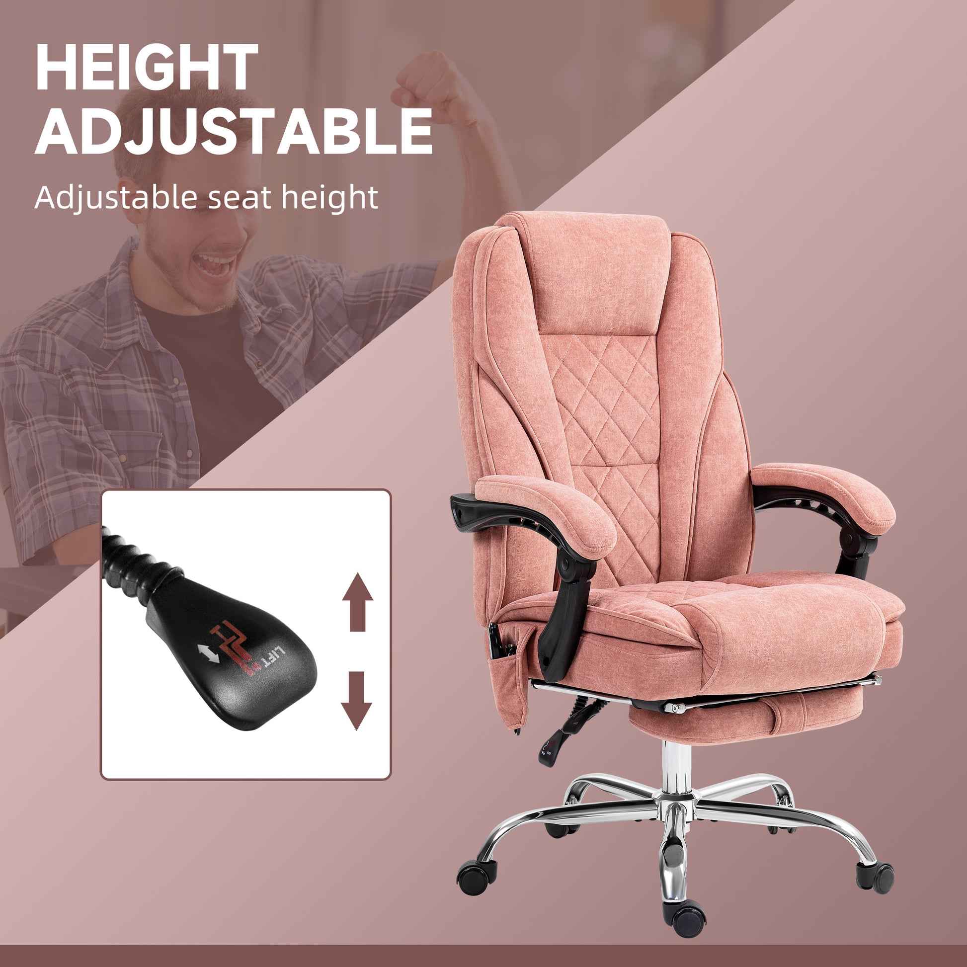 Vinsetto Massage Office Chair With Foot Rest, Executive Office Chair With 6 Vibration Point And Heat, Reclining Computer Chair, Swivel Desk Chair, Adjustable Height, Pink Pink Polyester