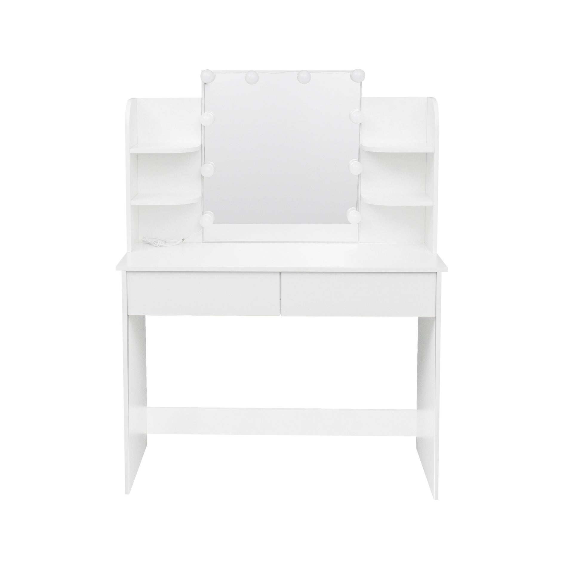 Modern Dressing Table With 2 Drawers, 4 Open Shelves Rectangular Makeup Table With Mirror, 10 Lamp Bulb,42.52*15.75* 52.76Inch,For Bedroom White Particle Board Mdf