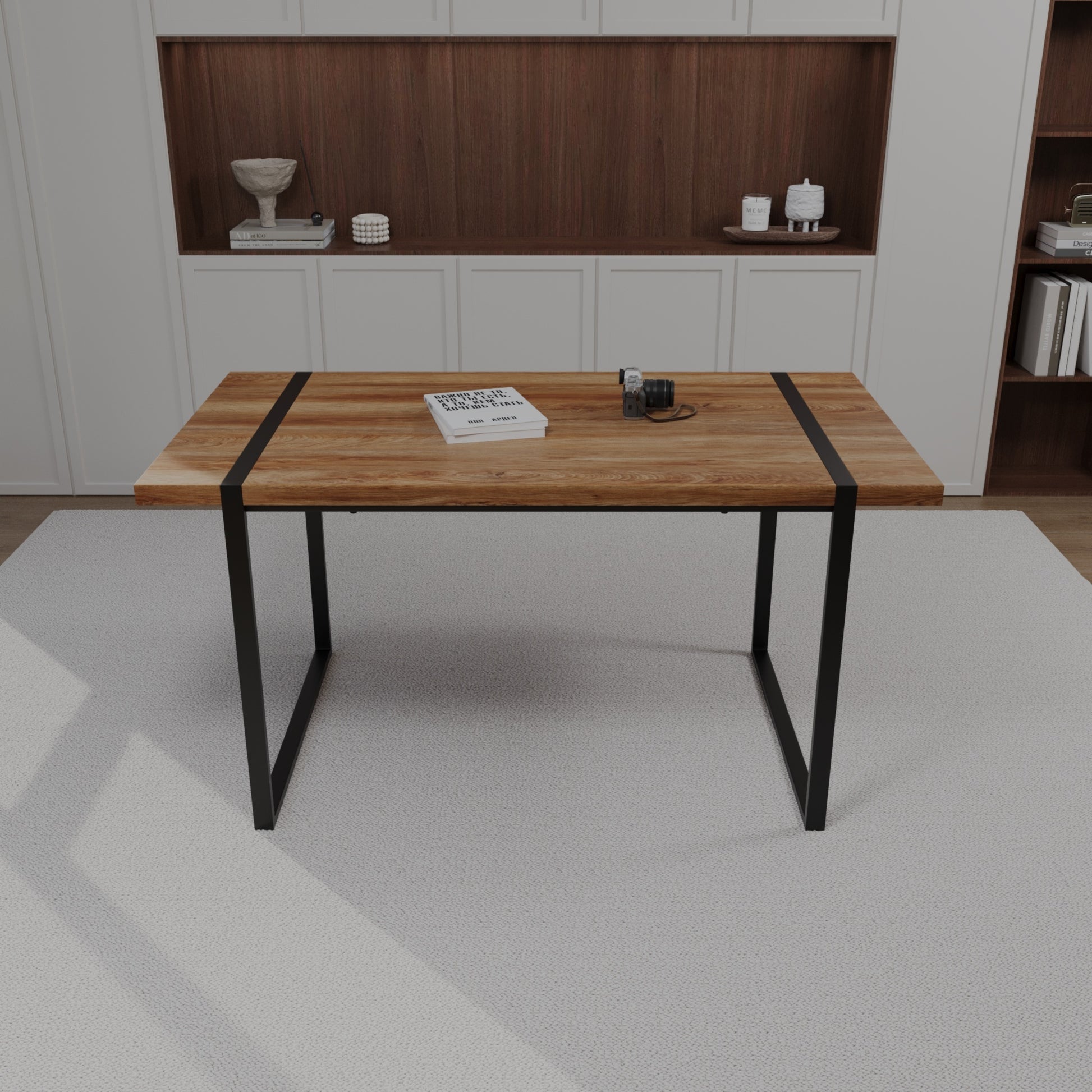 59 "Rural Industrial Rectangular Mdf Natural Wood Dining Table, 4 6 People, 1.5" Thick Engineering Wood Tabletop And Black Rectangular Metal Legs, Used For Writing Desks, Kitchens, Terraces Wood Mdf