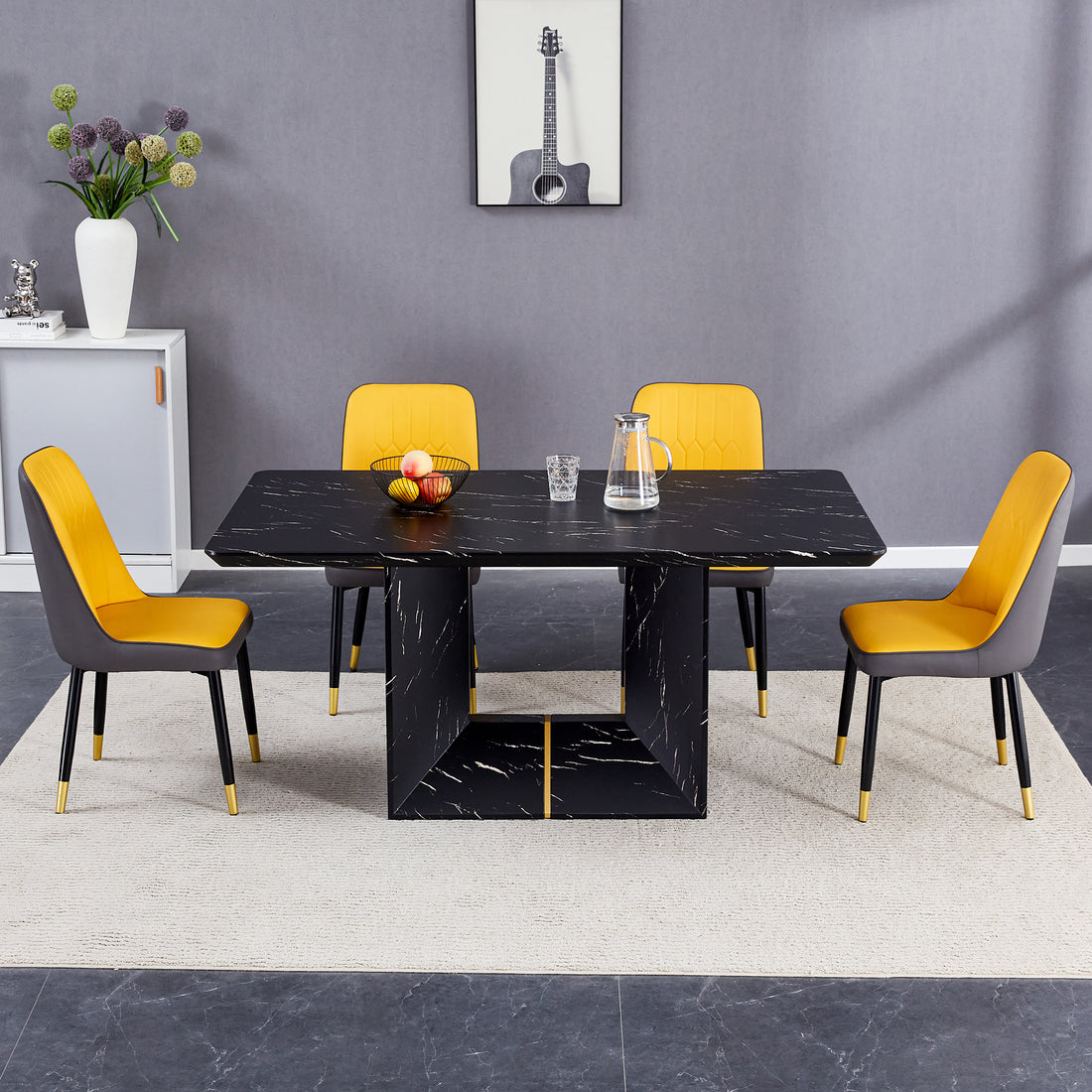 Table And Chair Set.This Modern Dining Table With Mdf Marbled Design Gives You A Luxurious And Elegant Feel.Paired With Multiple Chairs With Pu Artificial Leather Backrest Cushions And Black Legs. Yellow Black Seats 4 Mdf