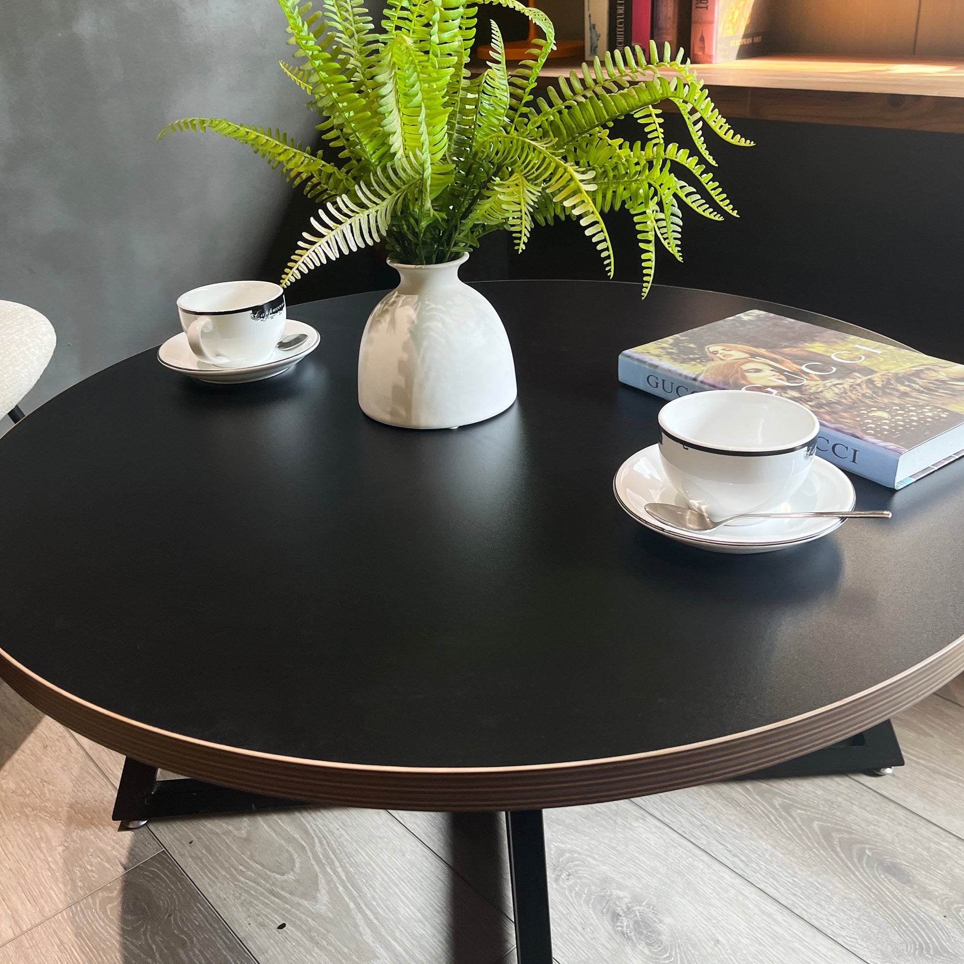 Round Coffee Table Wood Grain And Black Metal Black Brown Mdf Mdf Iron