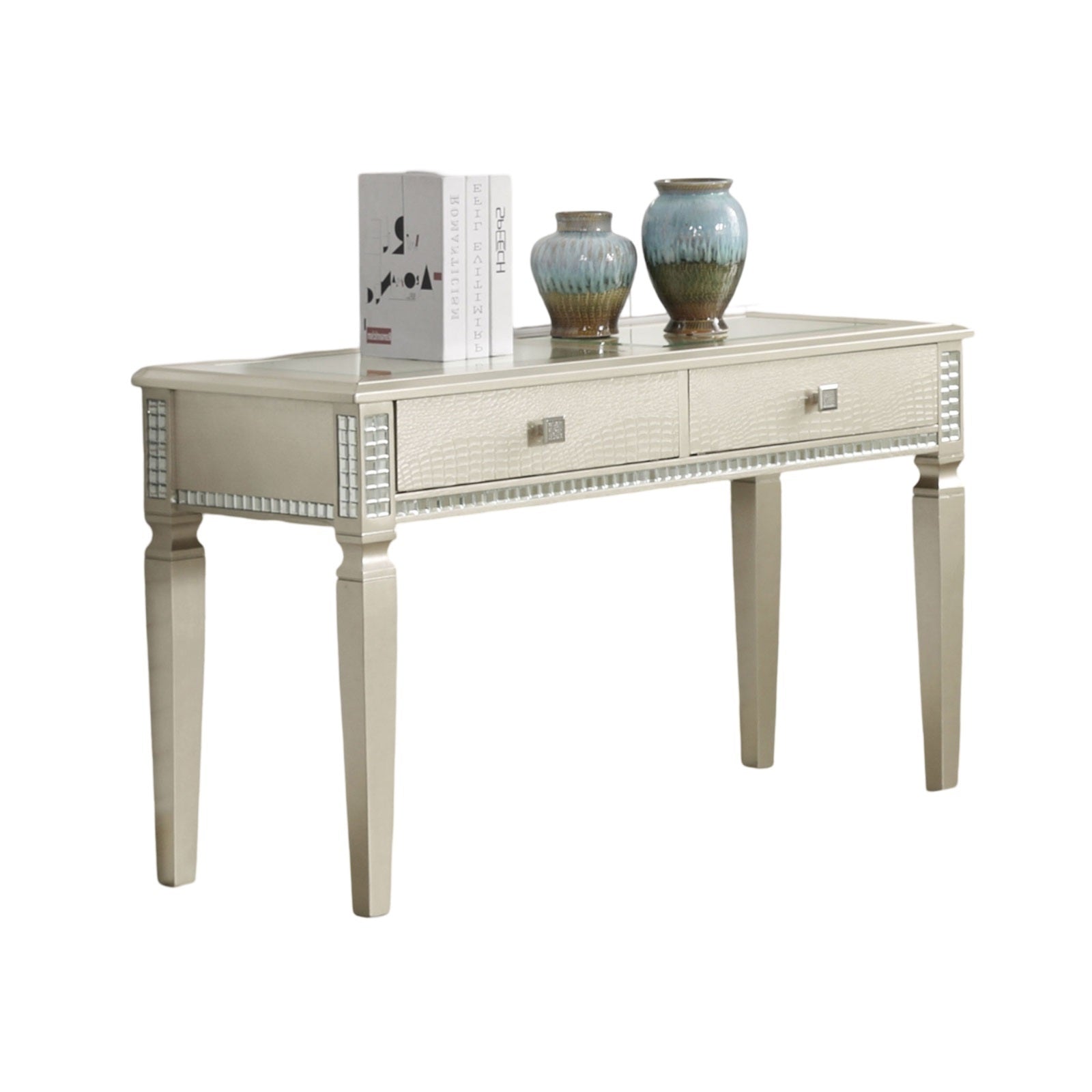 Sofa Table Silver Glam Storage Drawers Table 5Mm Tempered Glass Top W Diamond Pattern Living Room 1Pc Side Table. Silver White Primary Living Space Classic,Contemporary,Transitional Rubberwood Rectangular Drawers Console Tables Solid Wood