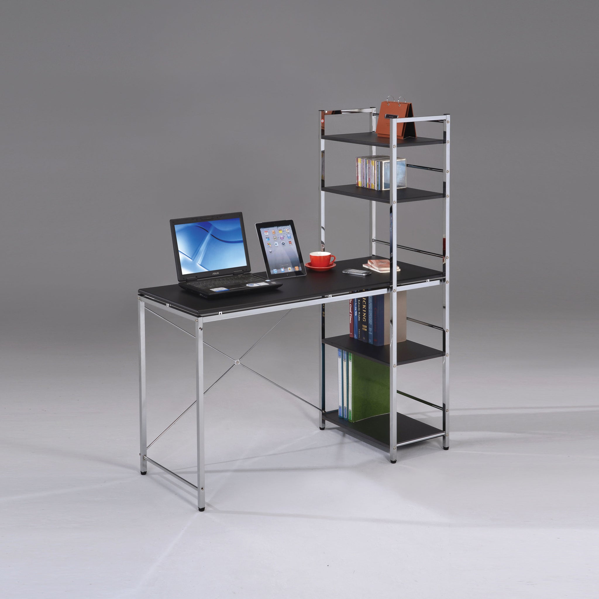 Black And Chrome Writing Desk With Shelf Black Silver Office Contemporary Freestanding Rectangular Shelves Wood Metal