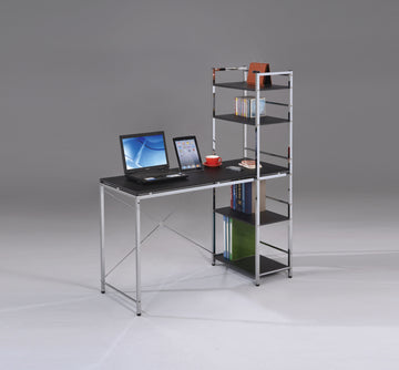 Black And Chrome Writing Desk With Shelf Black Silver Office Contemporary Freestanding Rectangular Shelves Wood Metal