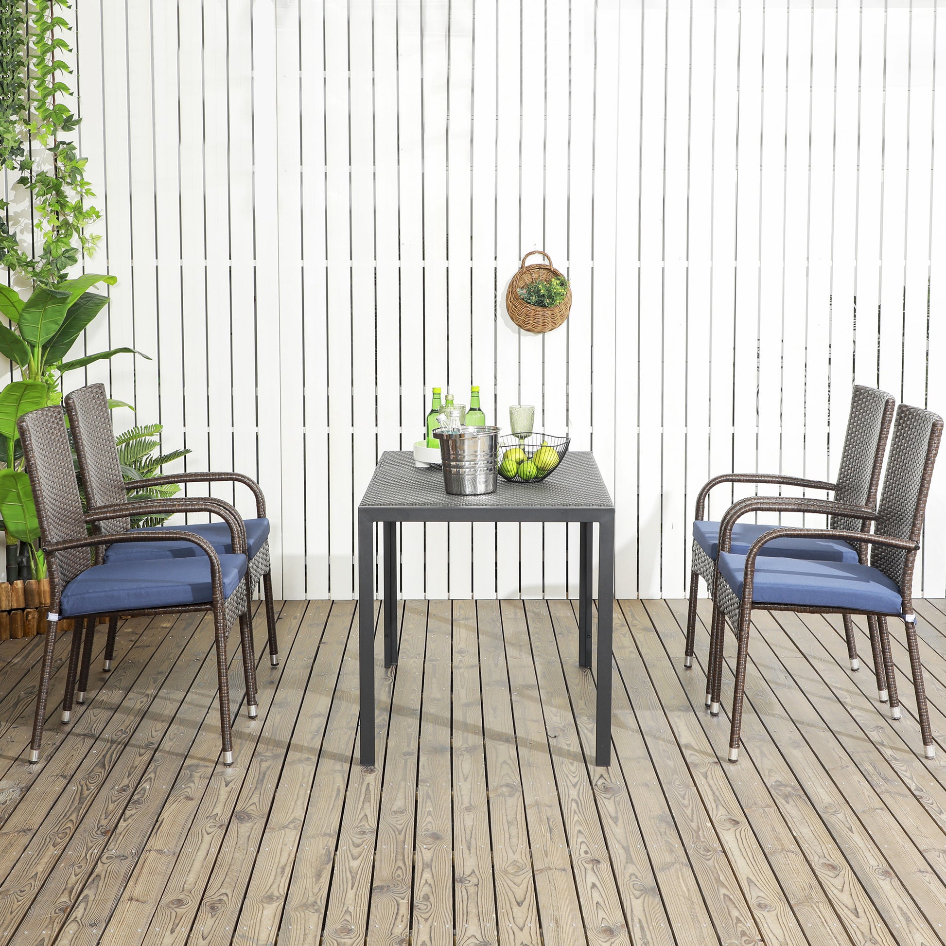 Outsunny Stackable Pe Rattan Outdoor Dining Chairs With Cushions, Set Of 4 Patio Wicker Dining Chairs With Armrests And Backrest For Patio, Deck, Cream Blue Blue Brown Steel