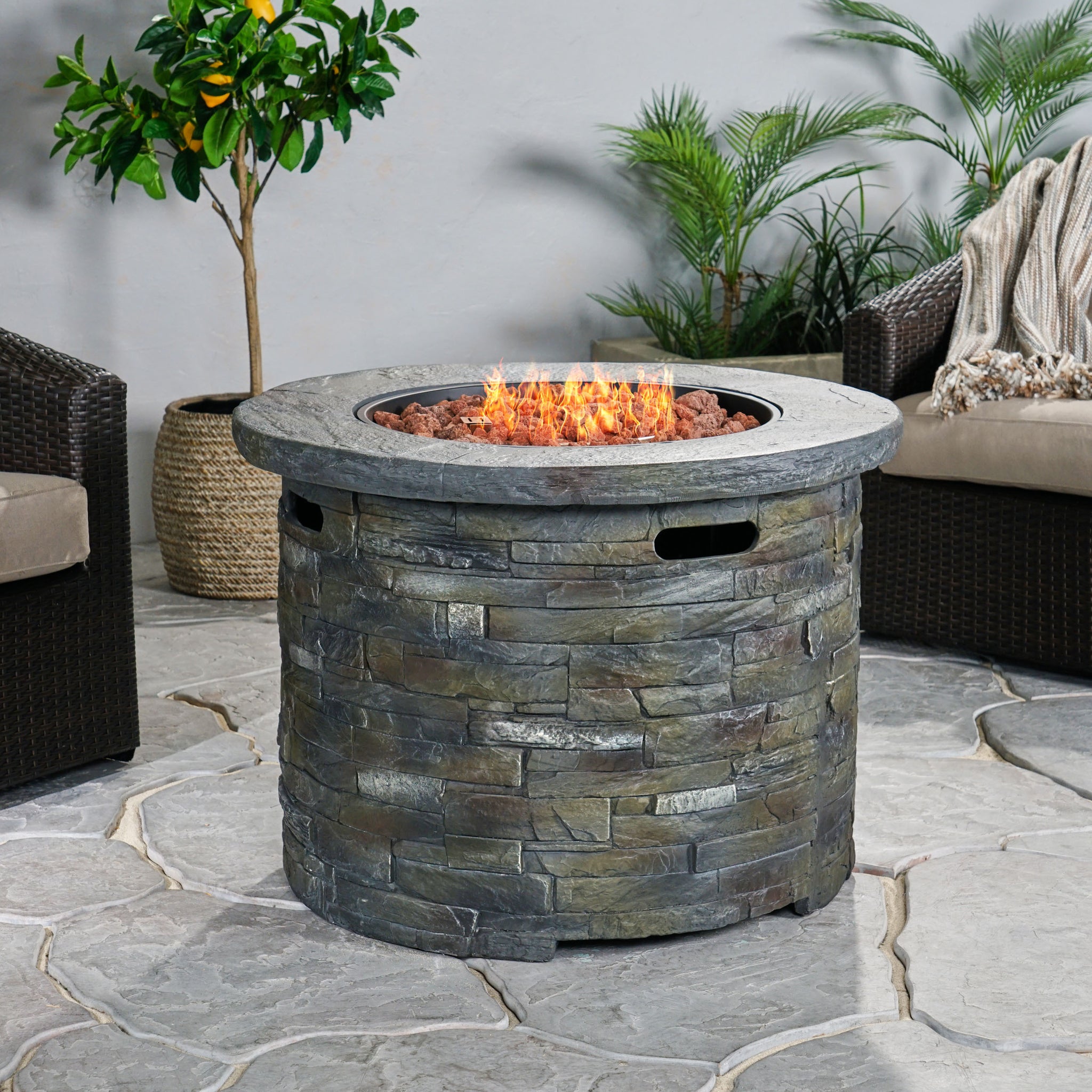 35" 40000 Btu Firepit Round Stone Gray Magnesium Oxide