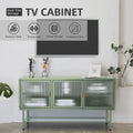 Retro Style Entertainment Center Tv Console Tv Stand With Enclosed Storage Display Cupboard Stylish Fluted Glass Tv Table With Wide Countertop Glass Doors Detachable Shelves Old Sku:W68751722 Mint Green Steel