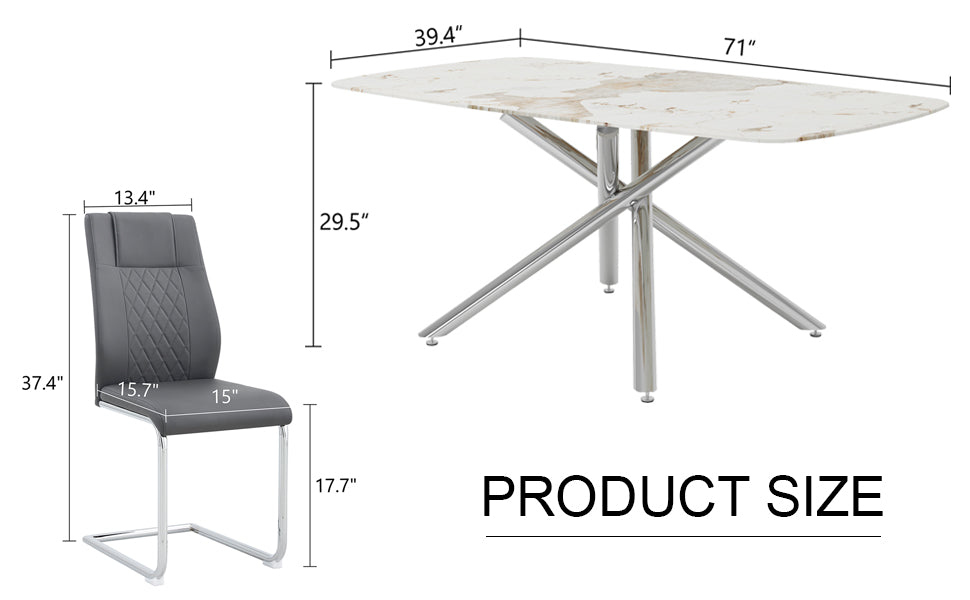 Table And Chair Set.Modern Luxurious White Marble Patterned Tempered Glass Dining Table With 6 Chairs.Single Fork Silver Metal Table Legs.Dark Gray Pu Dining Chairs With Silver Metal Legs. Dark