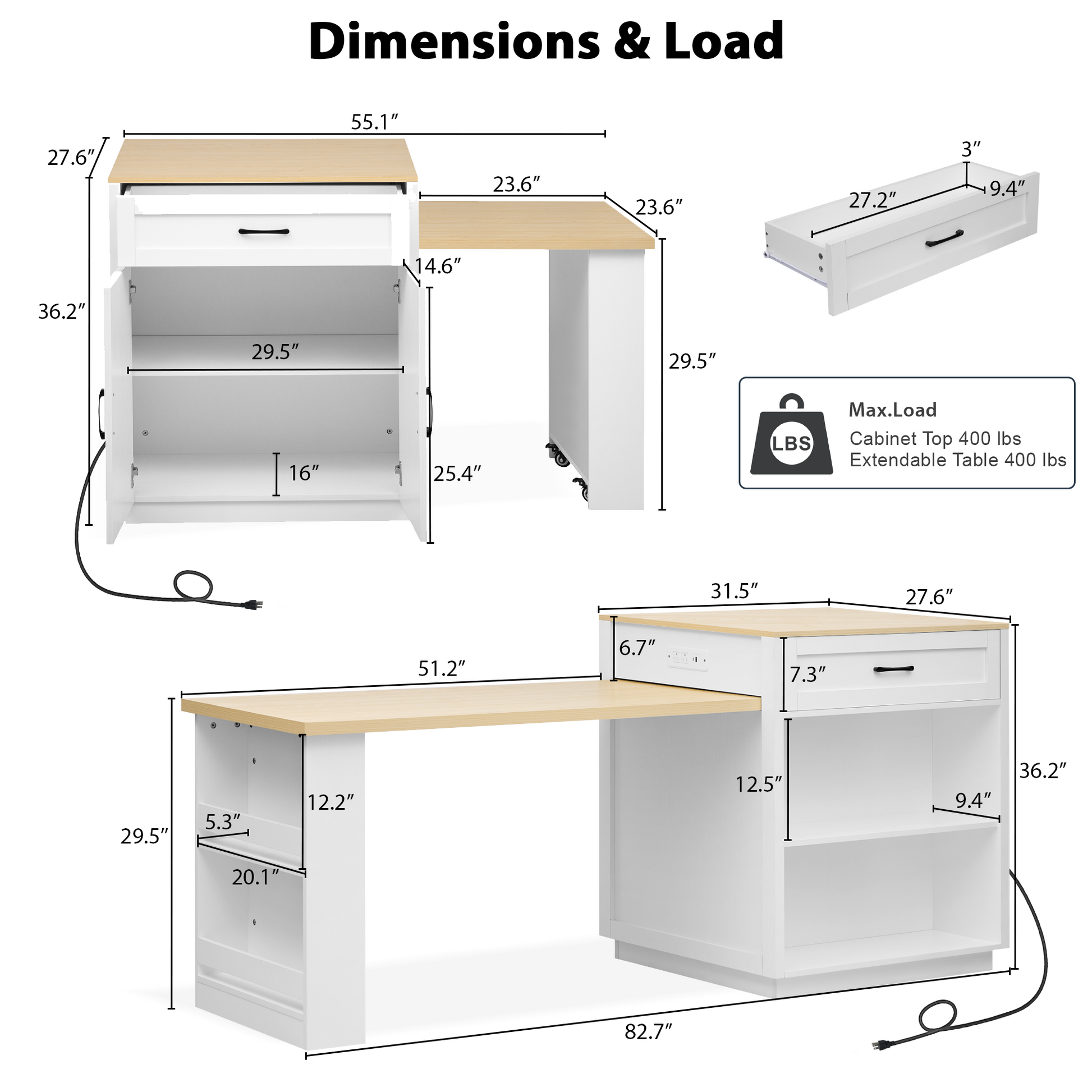 K&K 82.7 Inch Kitchen Island With Extendable Dining Table For 4 6 Person,Two Tone Kitchen Table With Double Sized Storage, Power Outlet, Kitchen Island With Storage 2 Drawers 2 Side Open