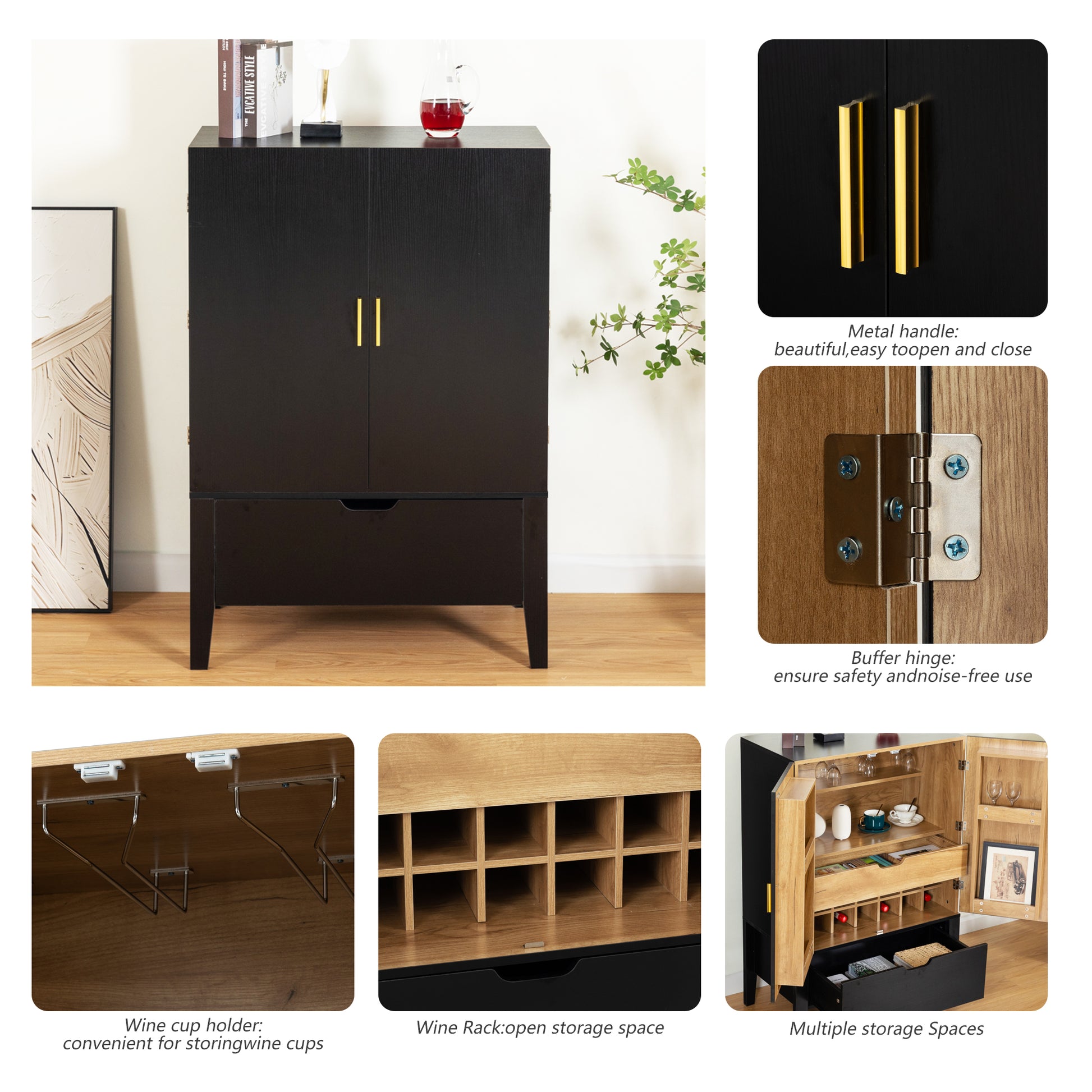 Lockers,Side Cabinets,Wine Bar Cabinet,Liquor Storage Credenza,Sideboard With Wine Racks & Stemware Holder,Wine Glass Holder,Metal Handle, Placed In Family Bars,Hallways,Living Rooms,Color:Black Brown 5 Or More Spaces Black Brown Primary Living Space