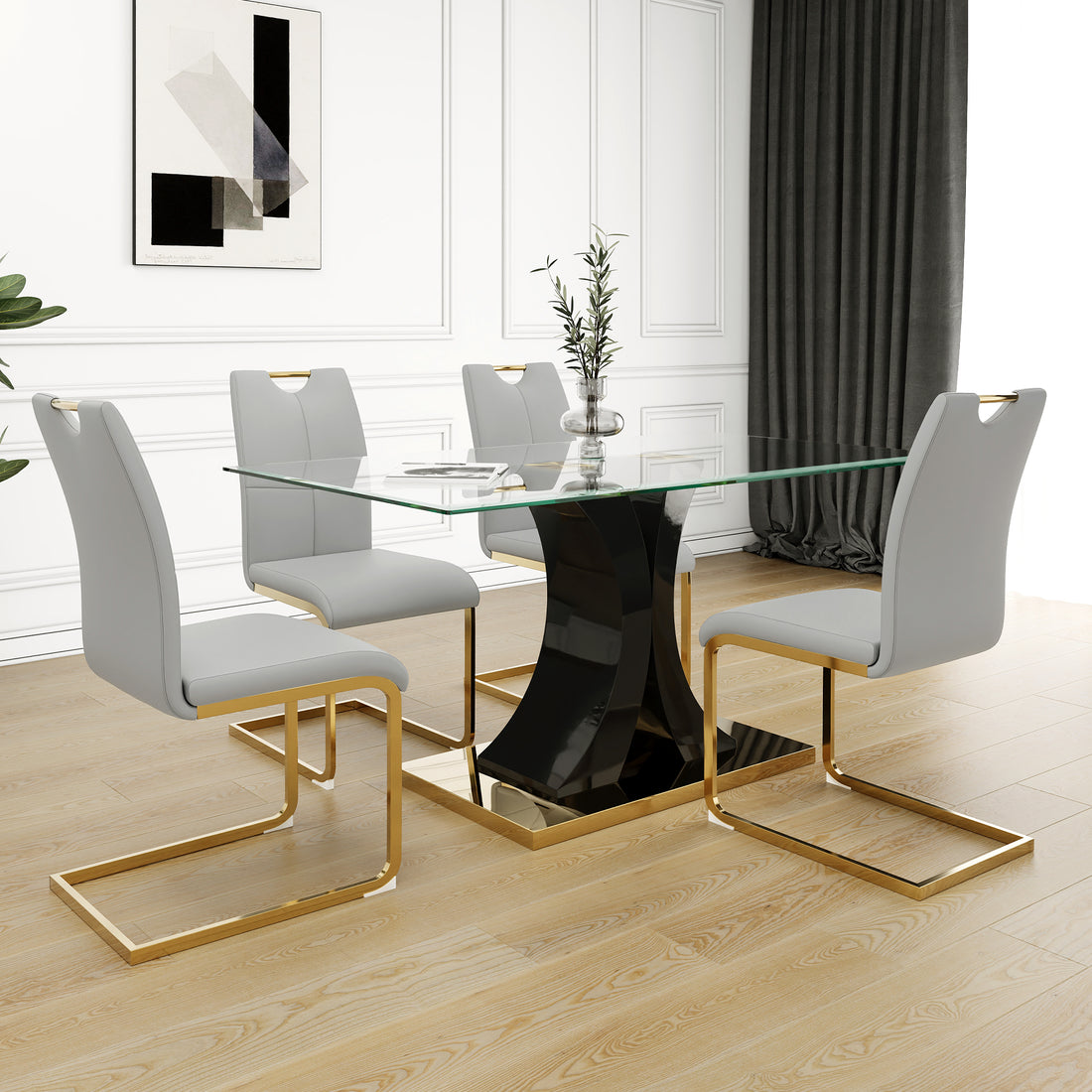 Modern Style Glass Dining Table, Elegant Transparent Design, Solid Support Base, Grey Dining Chair Set, Gold Plated Chair Legs, Suitable For Restaurant Kitchen Use Set Of 5 Grey Gold Seats 4 Mdf Glass