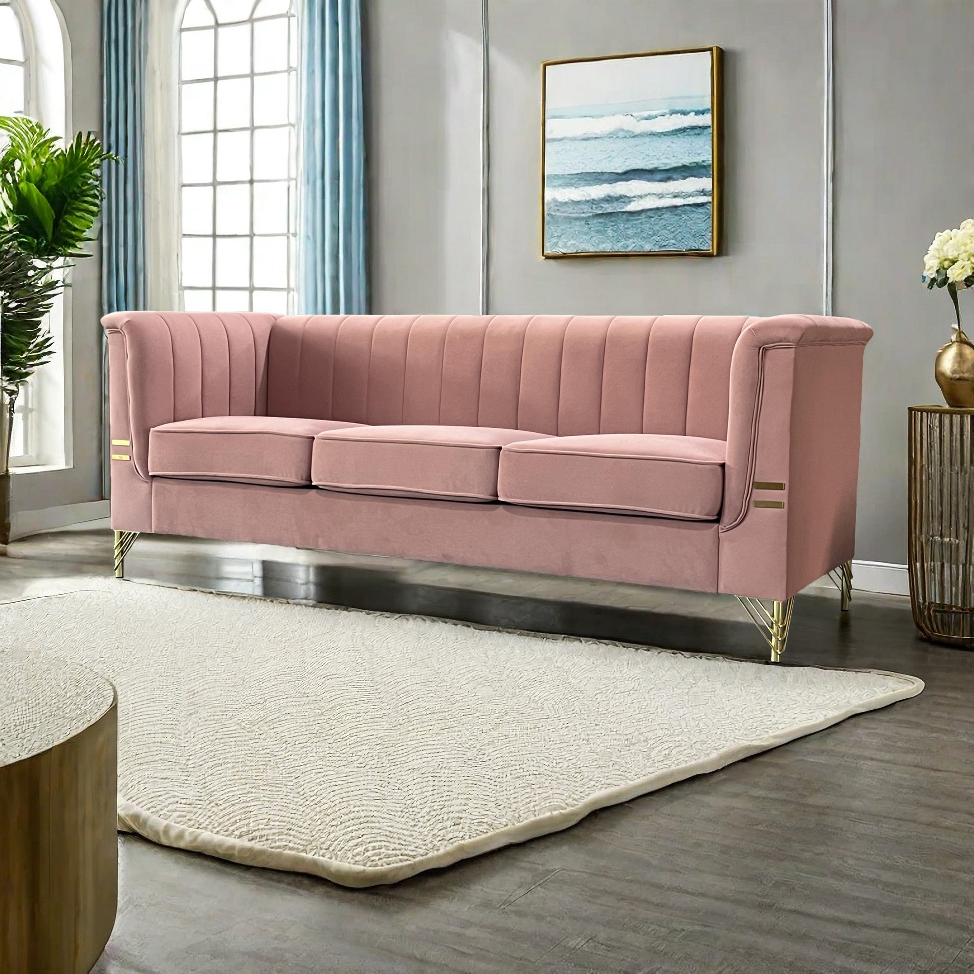 Fx P82 Pk Sofa Modern Designs Velvet Upholstered Living Room Sofa, 3 Seat Sofa Couch With Golden Metal Legs For Home, Apartment Or Office Pink Sofa Pink Velvet 3 Seat