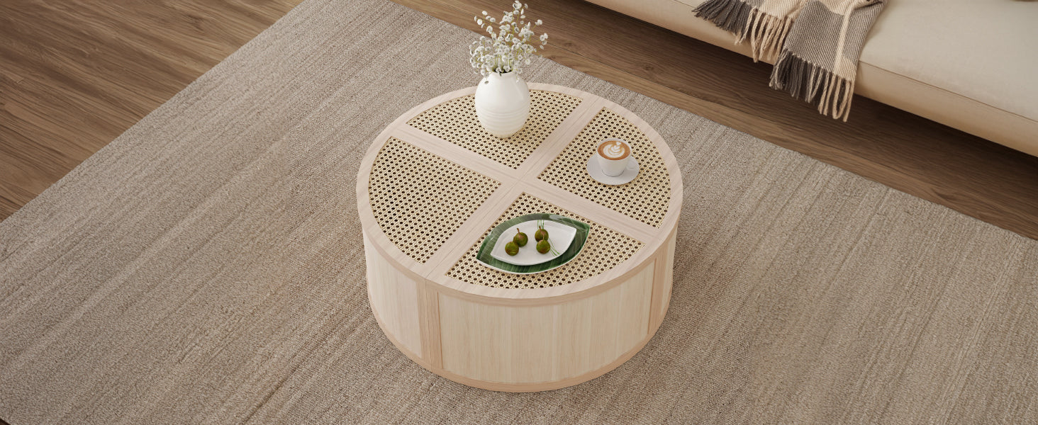 Round To Square Block Modular Coffee Table Light Natural Rattan With Storage 4 Piece Light Natural Rubber Wood