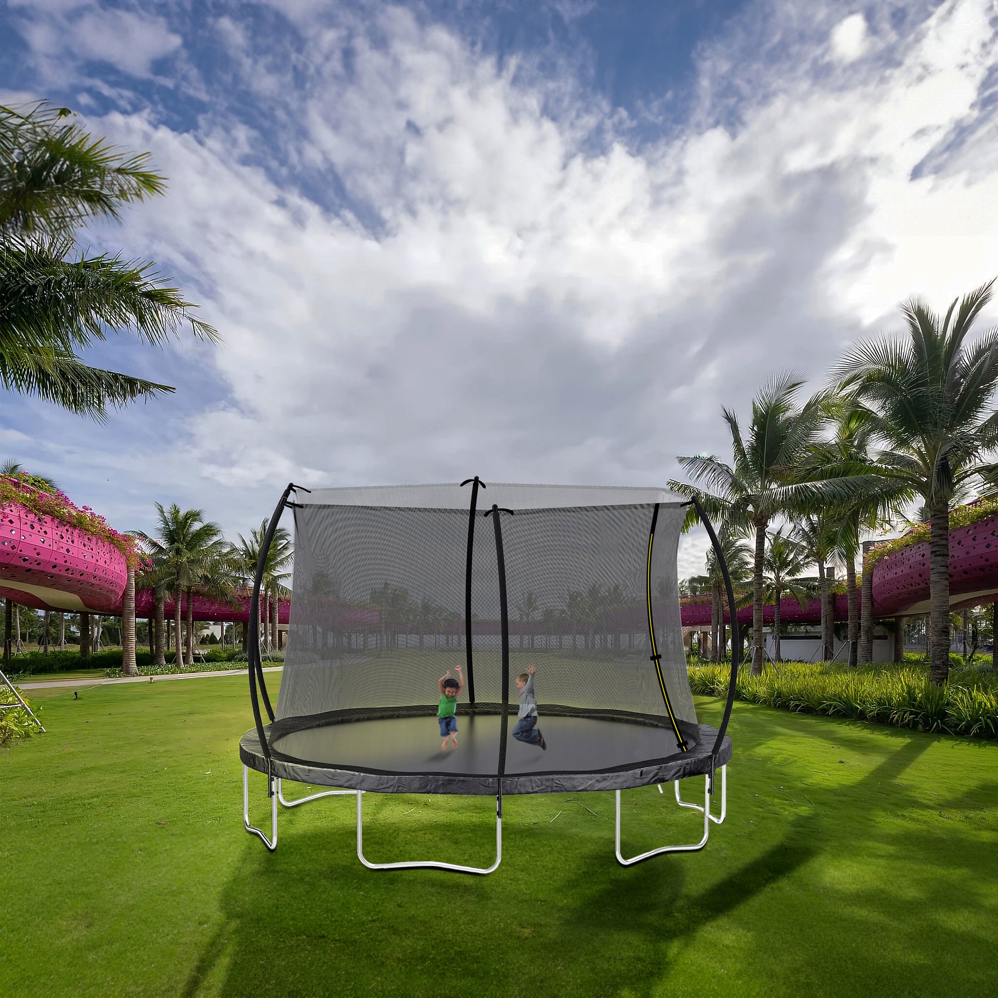 12Ft Trampoline Double Side Color Pad Trampoline For Kids And Adults With Enclosure Net And Ladder,Curved Fence Pole Black Steel Steel