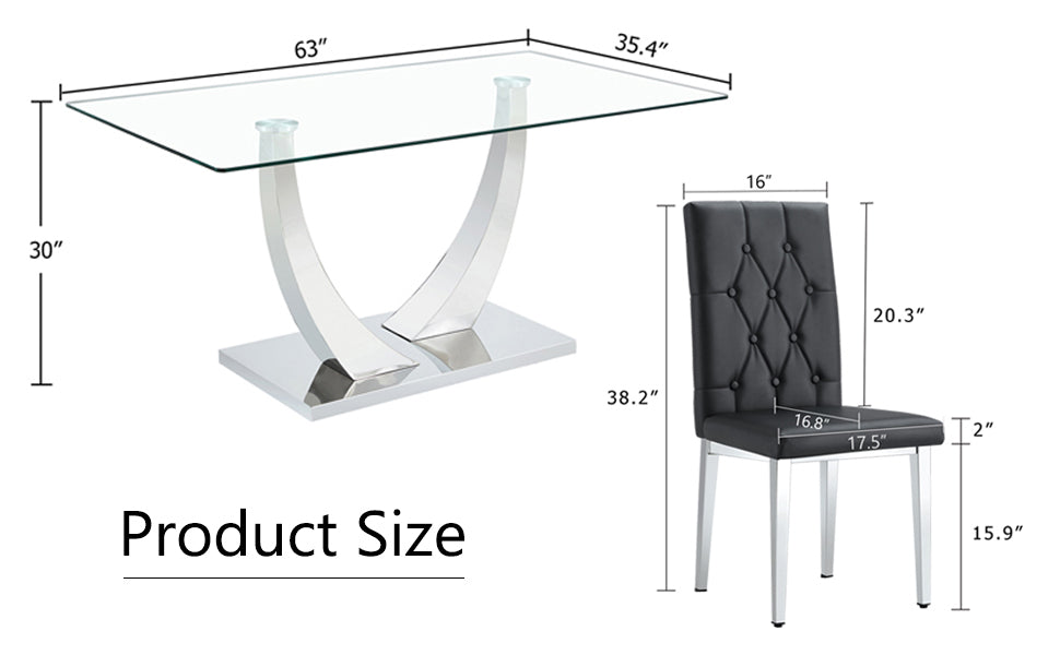 Table And Chair Set, Modern Dining Table, Tempered Glass Tabletop And Silver Colored Leg Table, Soft And Comfortable Dining Chair, Perfect For Dinner, Meetings, Home And Office Decor Black Seats 6 Glass