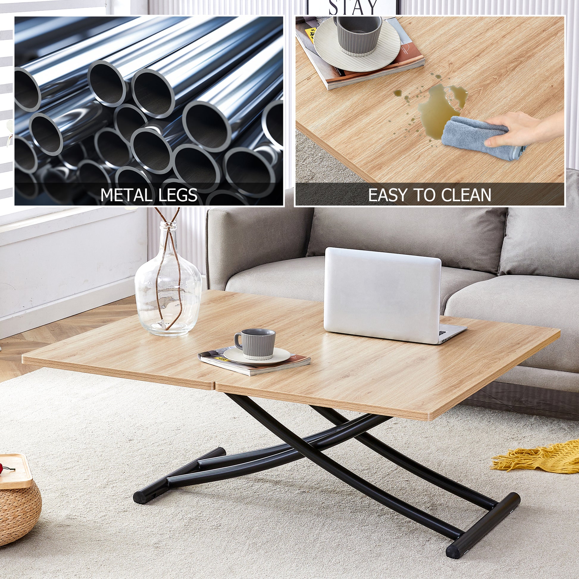 Modern Minimalist Multifunctional Lift Table With 0.8 Inch Mfc Tabletop And Black Metal Legs, Can Be Used As Dressing Table, Coffee Table, Dining Table, And Office Desk. Lt 10055 Black Iron