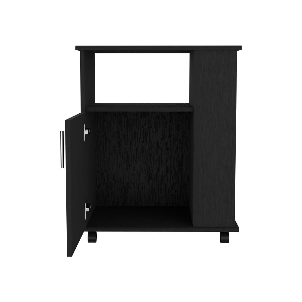 Lower Microwave Pantry 29" H, Single Door Cabinet, One Open Shelf, Three Side Shelves, Black Black Particle Board Particle Board