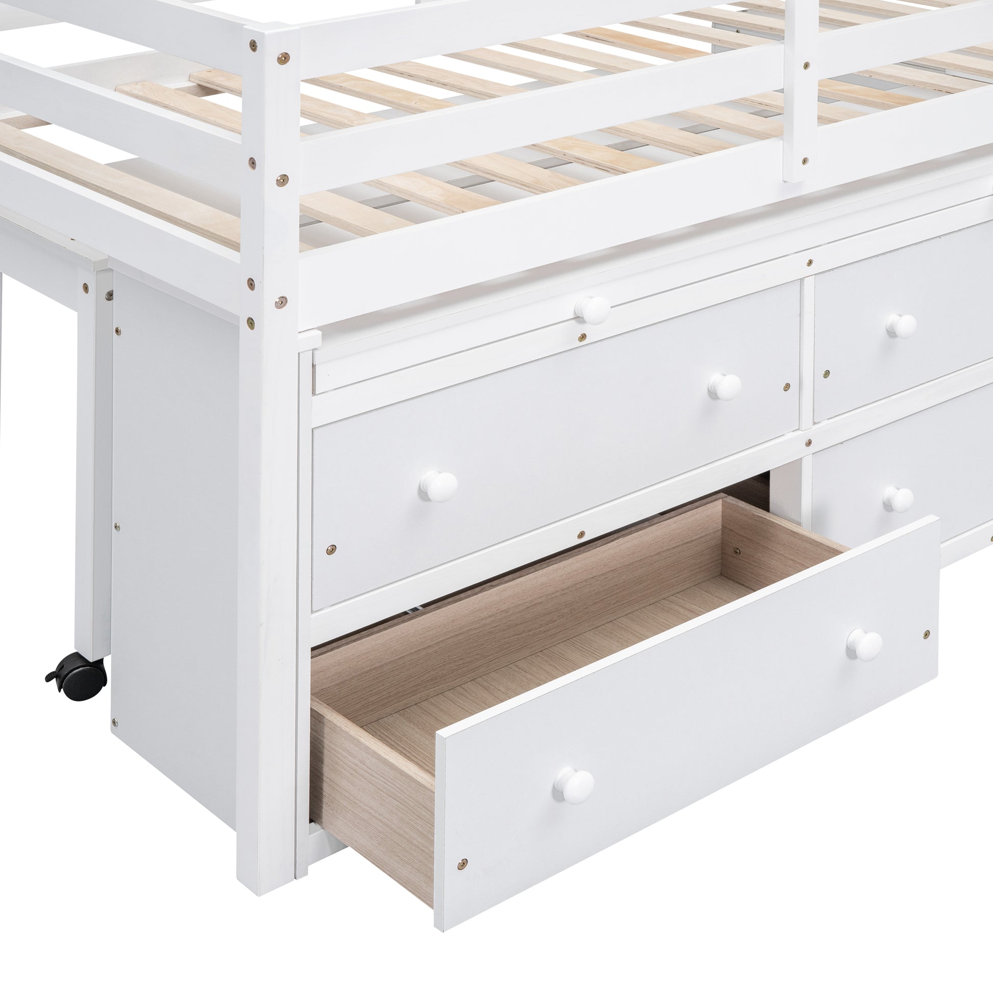 Twin Size Loft Bed With Retractable Writing Desk And 4 Drawers, Wooden Loft Bed With Lateral Portable Desk And Shelves, White White Solid Wood Mdf