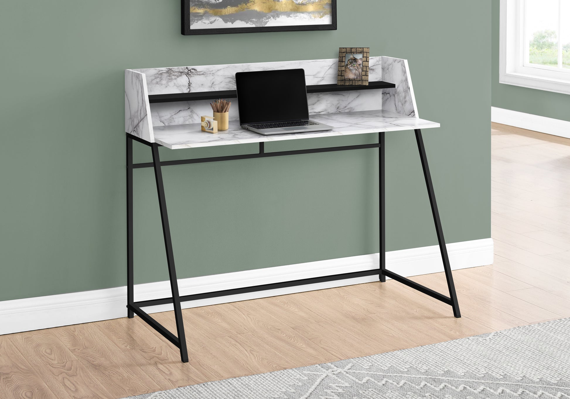 Computer Desk, Home Office, Laptop, Storage Shelves, 48"L, Work, White Marble Look Laminate, Black Metal, Contemporary, Modern White Particle Board