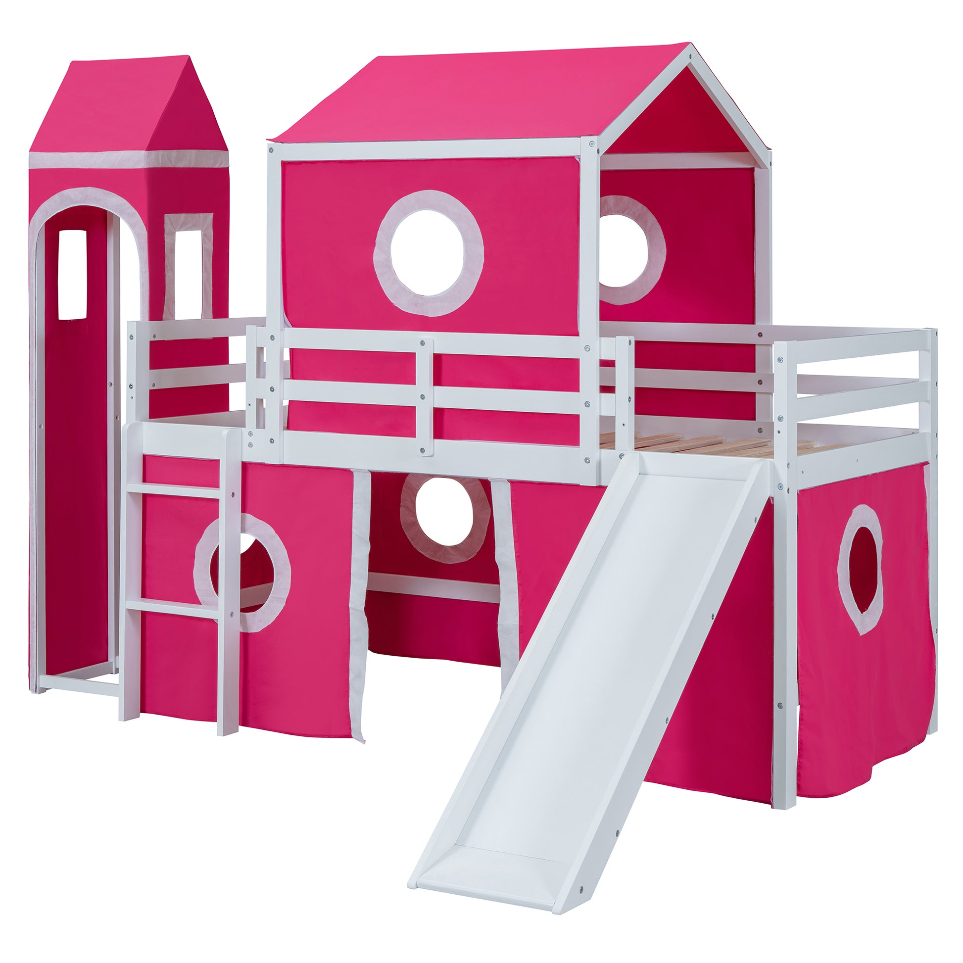 Twin Size Loft Bed With Slide Pink Tent And Tower Pink Old Sku:Wf298769Aah Twin Pink Solid Wood