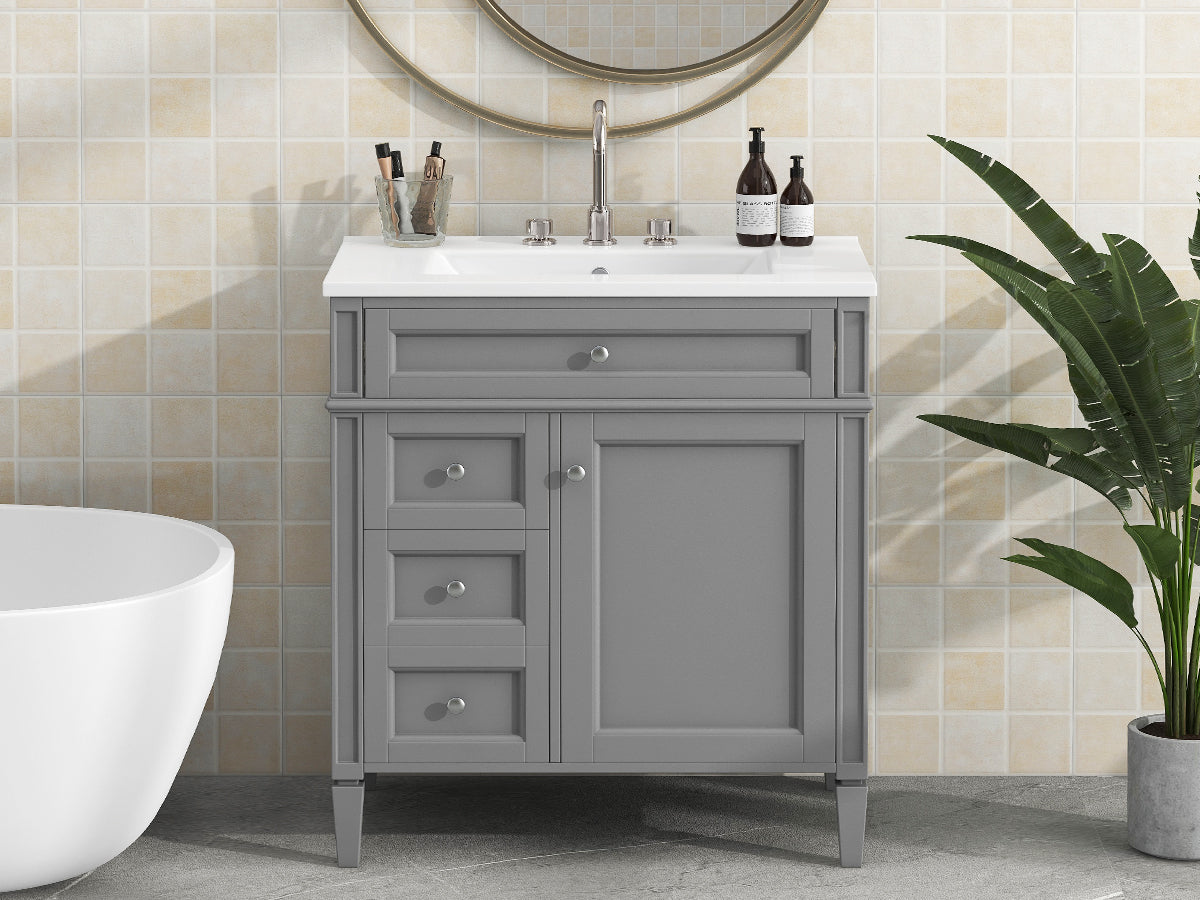 30'' Bathroom Vanity With Top Sink, Modern Bathroom Storage Cabinet With 2 Drawers And A Tip Out Drawer, Single Sink Bathroom Vanity Grey Modern Mdf Ceramic,Solid Wood Mdf