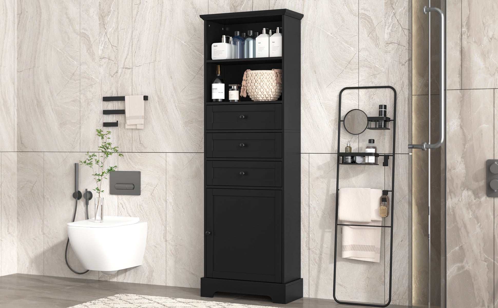 Black Tall Storage Cabinet With 3 Drawers And Adjustable Shelves For Bathroom, Study, Office And Interior, Mdf Board With Painted Finish Black Mdf