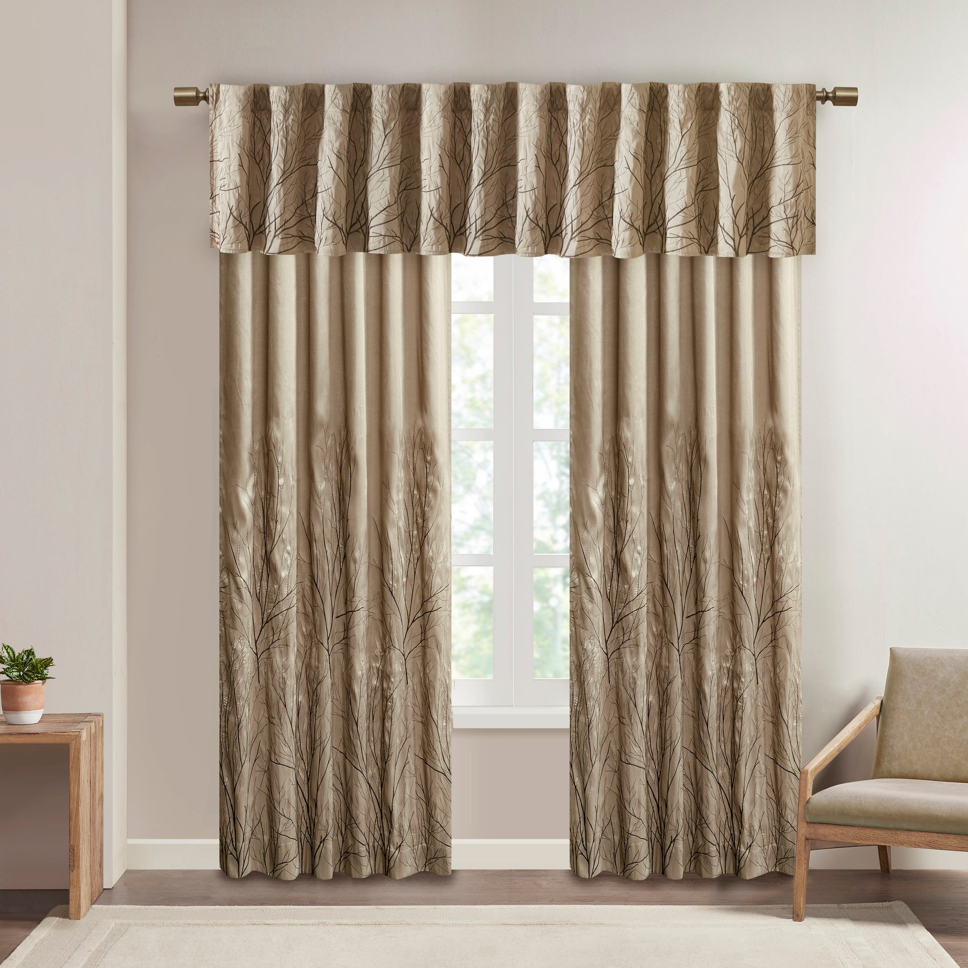 Faux Silk Embroidered Window Valance Tan 50X18" Tan Polyester