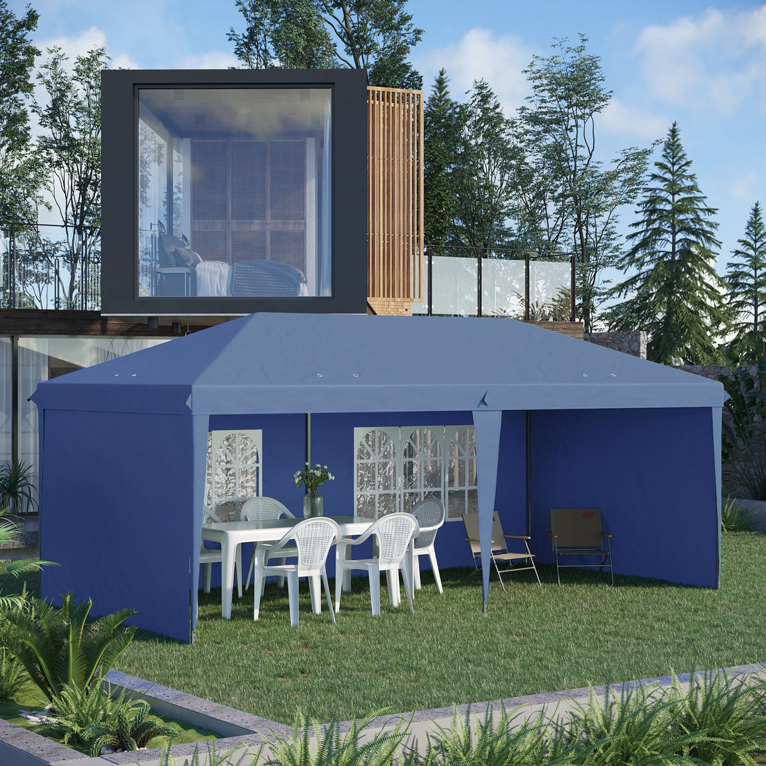 Outsunny 10' X 20' Pop Up Canopy Tent With 4 Sidewalls, Heavy Duty Tents For Parties, Outdoor Instant Gazebo With Carry Bag, For Outdoor, Garden, Patio, Blue Blue Steel
