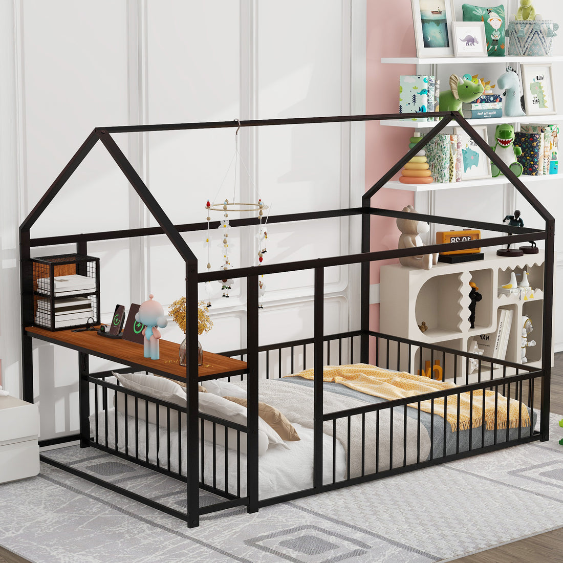 Full Size Metal Bed House Bed Frame With Desk, Shelves, Power Outlets And Usb Ports, Black Full Black Metal
