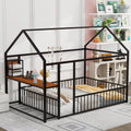 Full Size Metal Bed House Bed Frame With Desk, Shelves, Power Outlets And Usb Ports, Black Full Black Metal