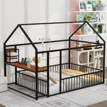 Full Size Metal Bed House Bed Frame With Desk, Shelves, Power Outlets And Usb Ports, Black Full Black Metal