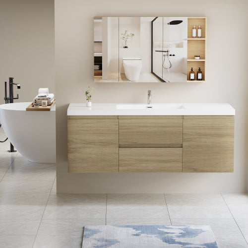 60" Floating Bathroom Vanity With Sink, Modern Wall Mounted Bathroom Storage Vanity Cabinet With Resin Top Basin And Soft Close Drawers, Natural Oak 24V11 60Sno Oak Wood