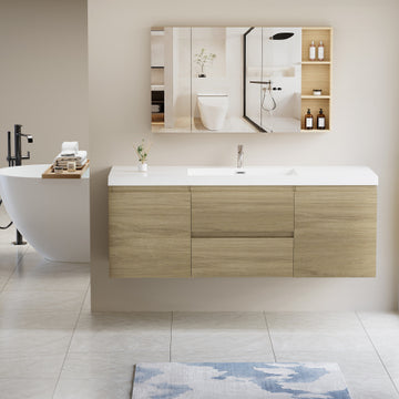 60" Floating Bathroom Vanity With Sink, Modern Wall Mounted Bathroom Storage Vanity Cabinet With Resin Top Basin And Soft Close Drawers, Natural Oak 24V11 60Sno Oak Wood