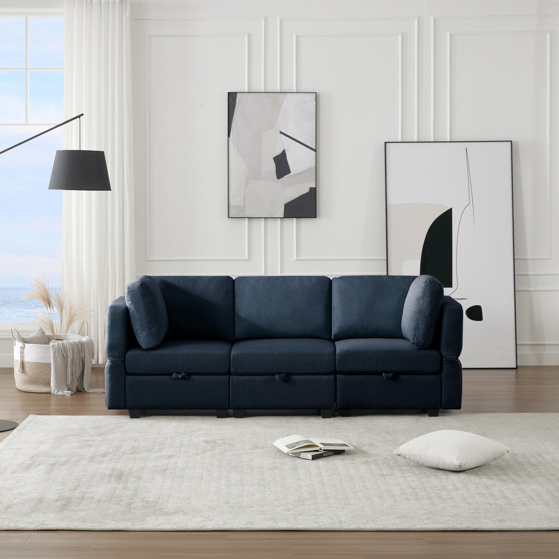 Oversized Modular Sectional Convertible Fabric Sofa Set,Extra Large Sectional Storage Seat Couch For Living Room, 3 Seat Modern Modular Sofa Blue Blue Polyester 3 Seat