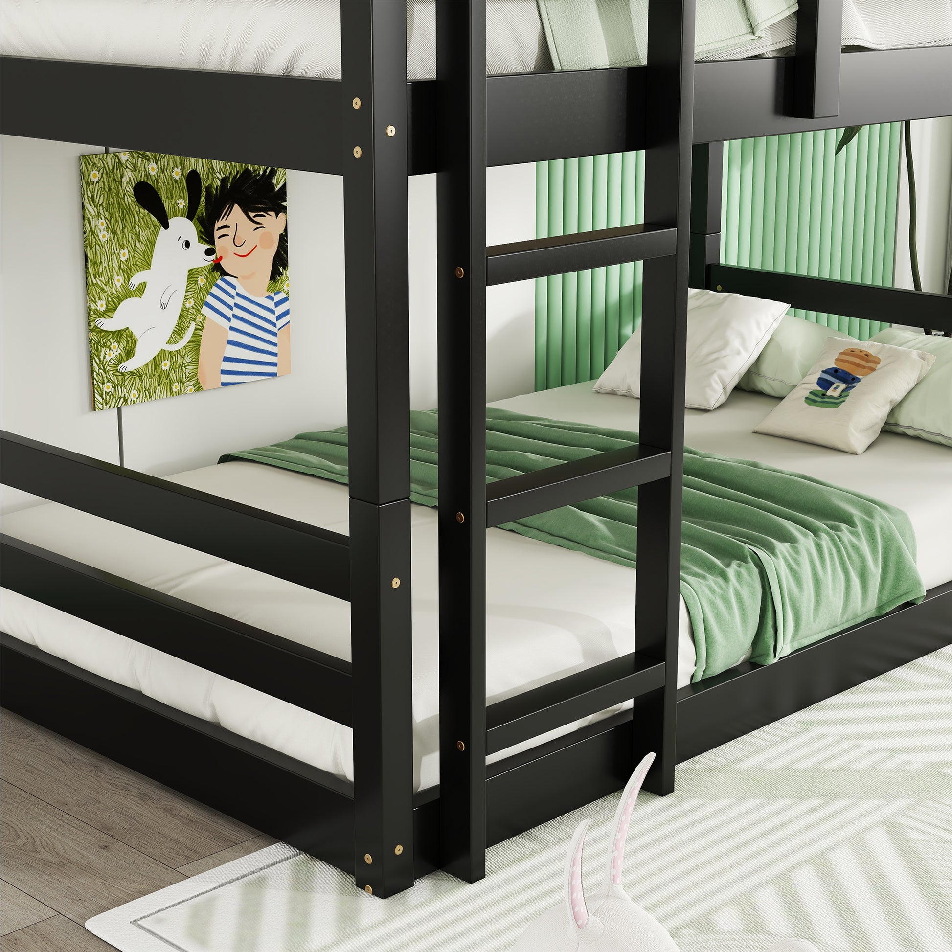 Triple Rubber Wood Bunk Bed With Two Built In Ladders, Guardrails, Twin Over Twin Over Twin, Detachable Triple Twin Bunk Bed,Black Twin Black Bedroom American Design Bed Frame Rubber Wood