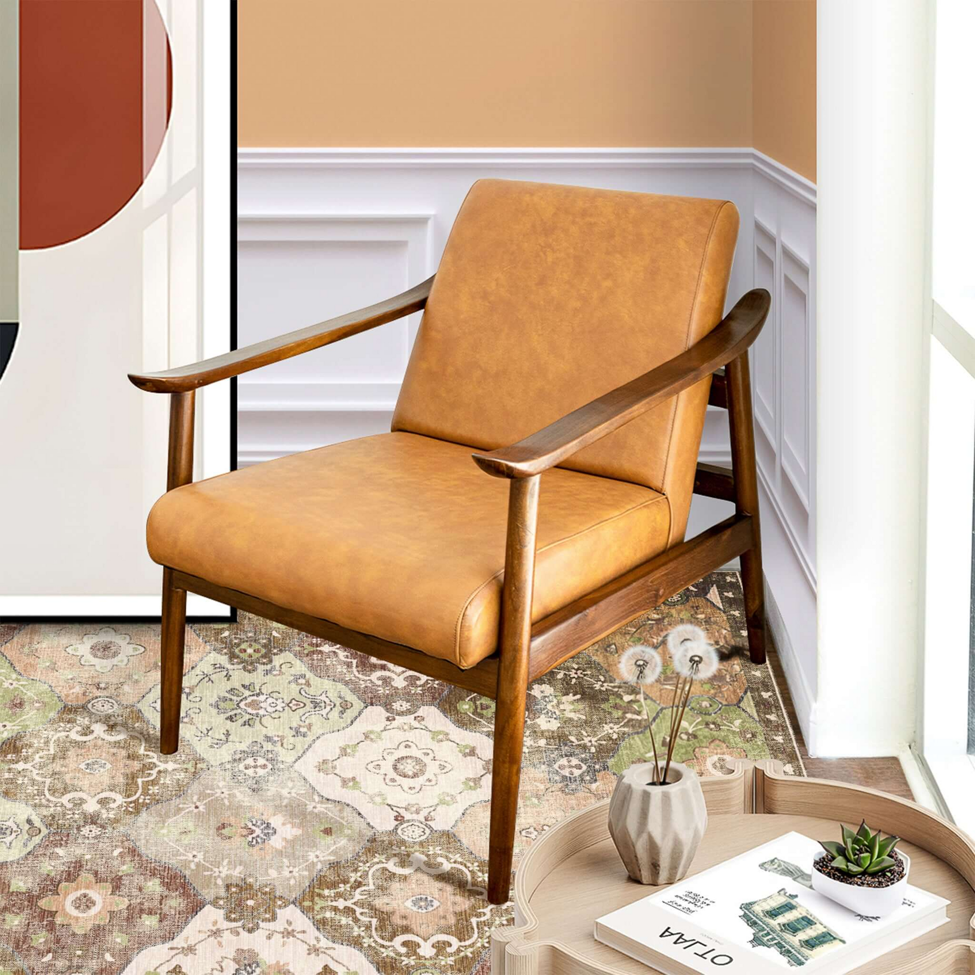 Brandon Antique Tan Leather Lounge Chair Brown,Tan Mid Century Modern Foam Genuine Leather,Solid Wood