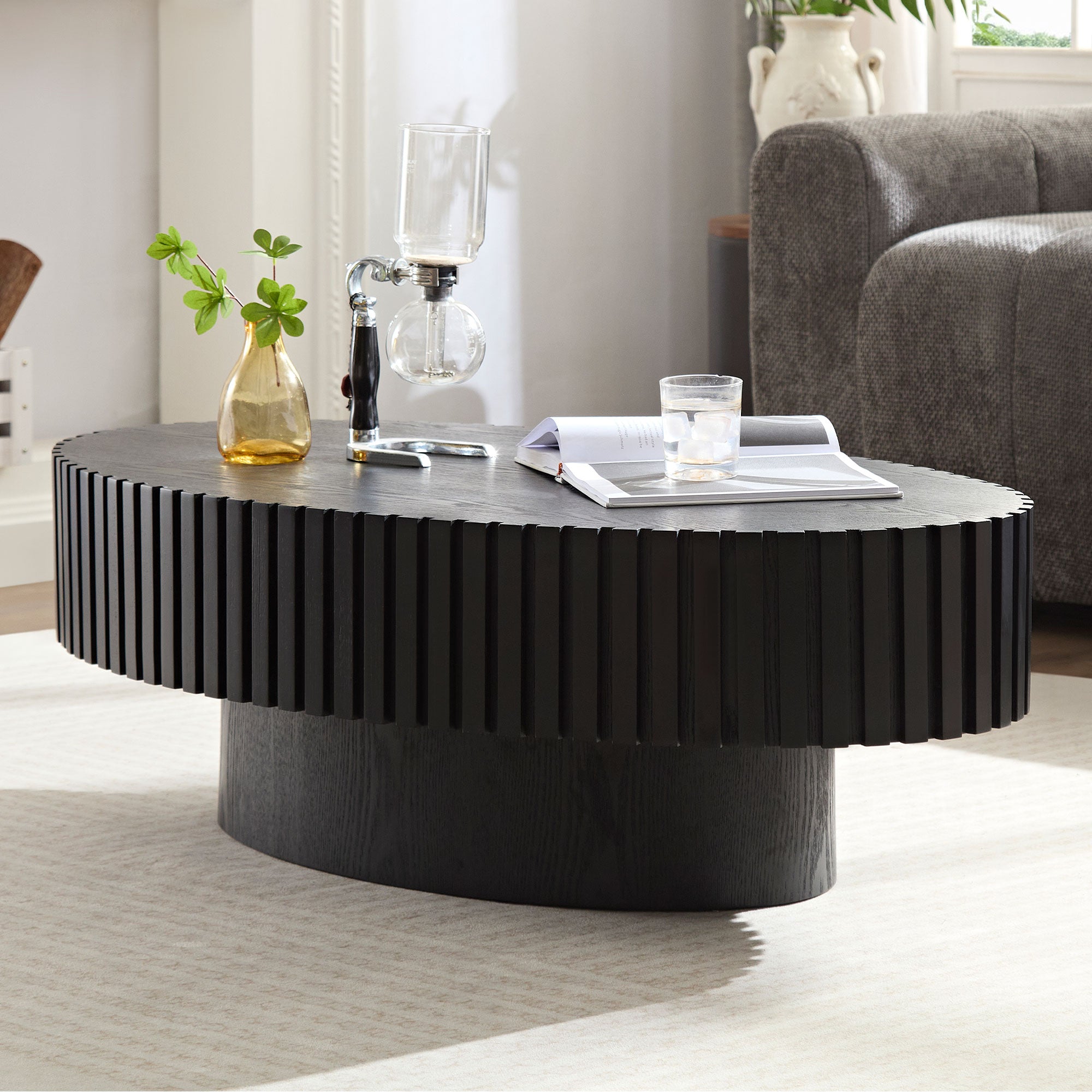 Modern Handcraft Drum Coffee Table Length 43.7 Inch Ellipse Coffee Table For Living Room,Oval Small Coffee Table With Sturdy Pedestal,Black Mdf Matt Black Mdf