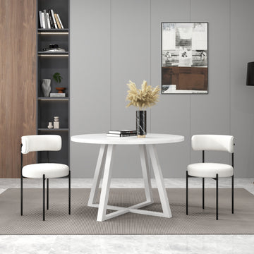 Durban 3 Piece Round Dining Set, Trestle Dining Table With 2 Boucle Chairs White Wood Dining Room Solid Wood Rubberwood Round Dining Table With Chair Wood Wood White Multi Slat Back Seats 2 Contemporary,Modern Round Trestle Solid Wood Mdf Solid Wood Mdf