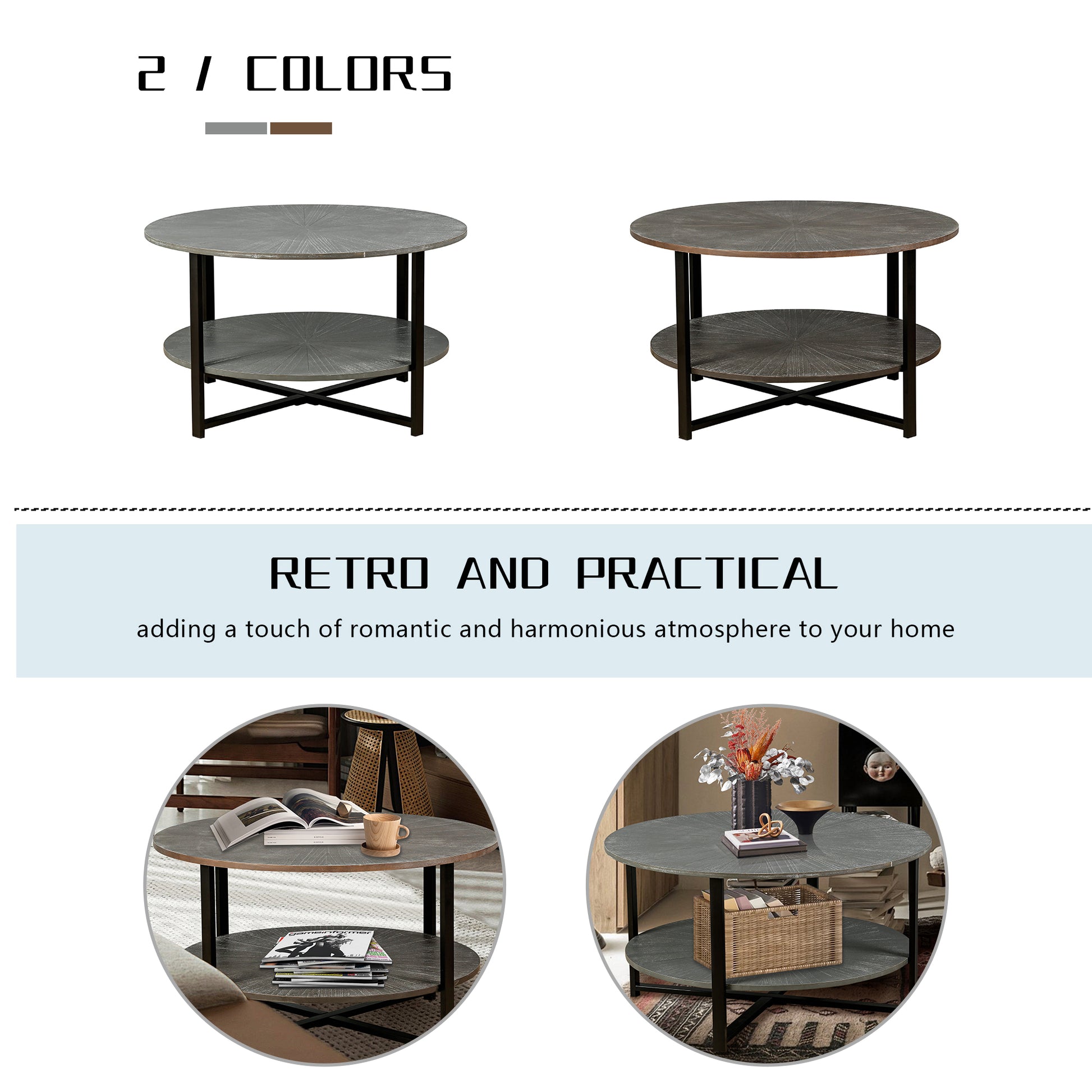 31.5"D X 31.5''W X 18.3''H Round Coffee Table With 2 Tier Storage, Farmhouse Living Room Cocktail Table With Black Metal Leg,Patchwork Desktop Effect Easy Assembly Antique Brown Antique Brown Brown Primary Living Space Antique Floor Mount Round Open