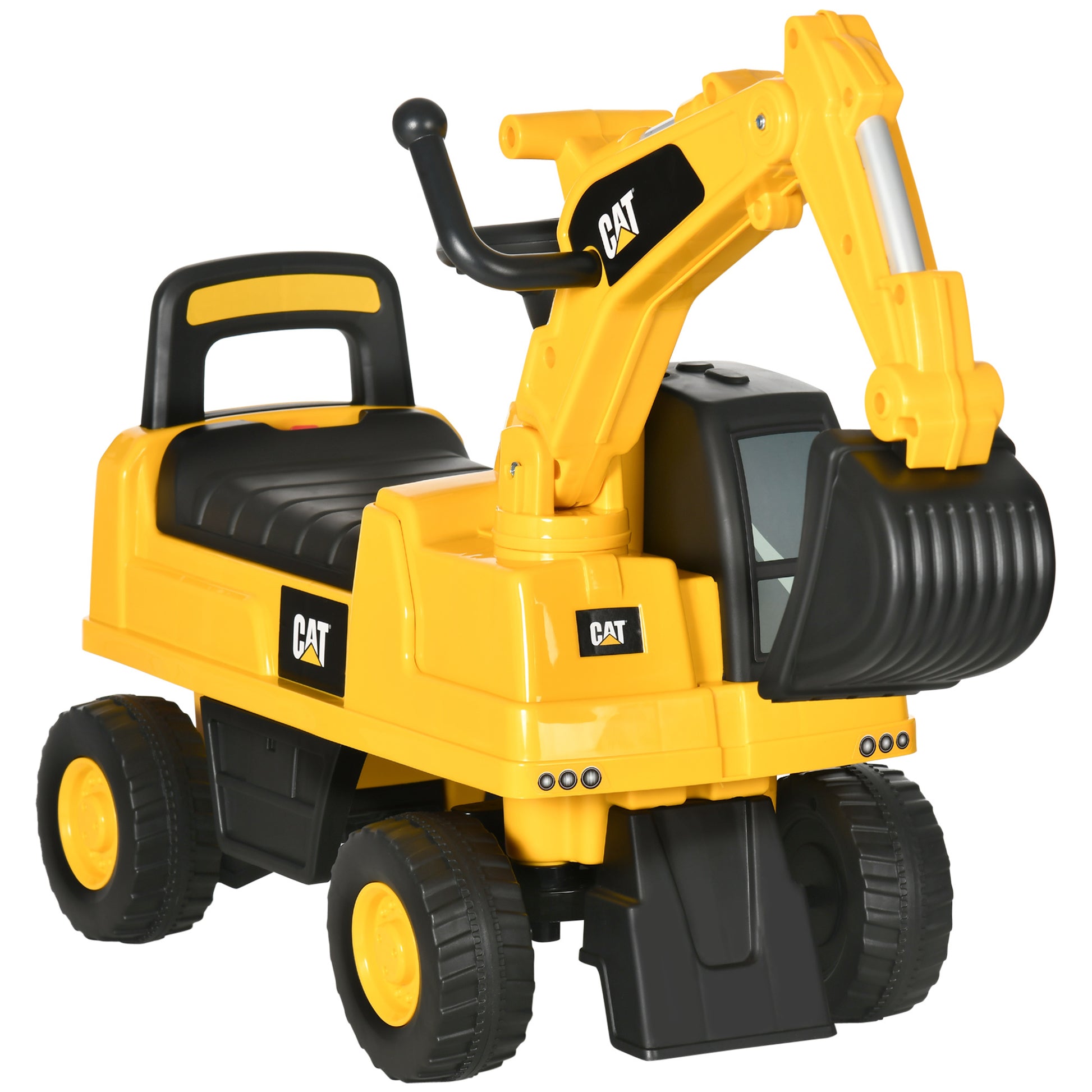 Aosom Excavator Ride On Toy, Cat Licensed Kids Manual Pedal Ride On Excavator With Manual Shovel, Horn, Hidden Storage For 18 36 Months Boys And Girls, Yellow Yellow Plastic