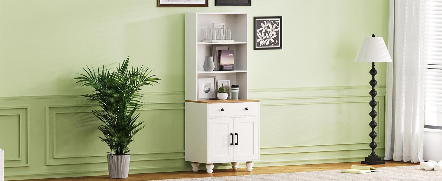 Farmhouse Storage Cabinet With 4 Solid Wood Gourd Shaped Legs, Modern Kitchen Pantry Cabinet With Adjustable Shelves, 5 Tier Bookshelf With Drawer For Living Room, White White Walnut Primary Living