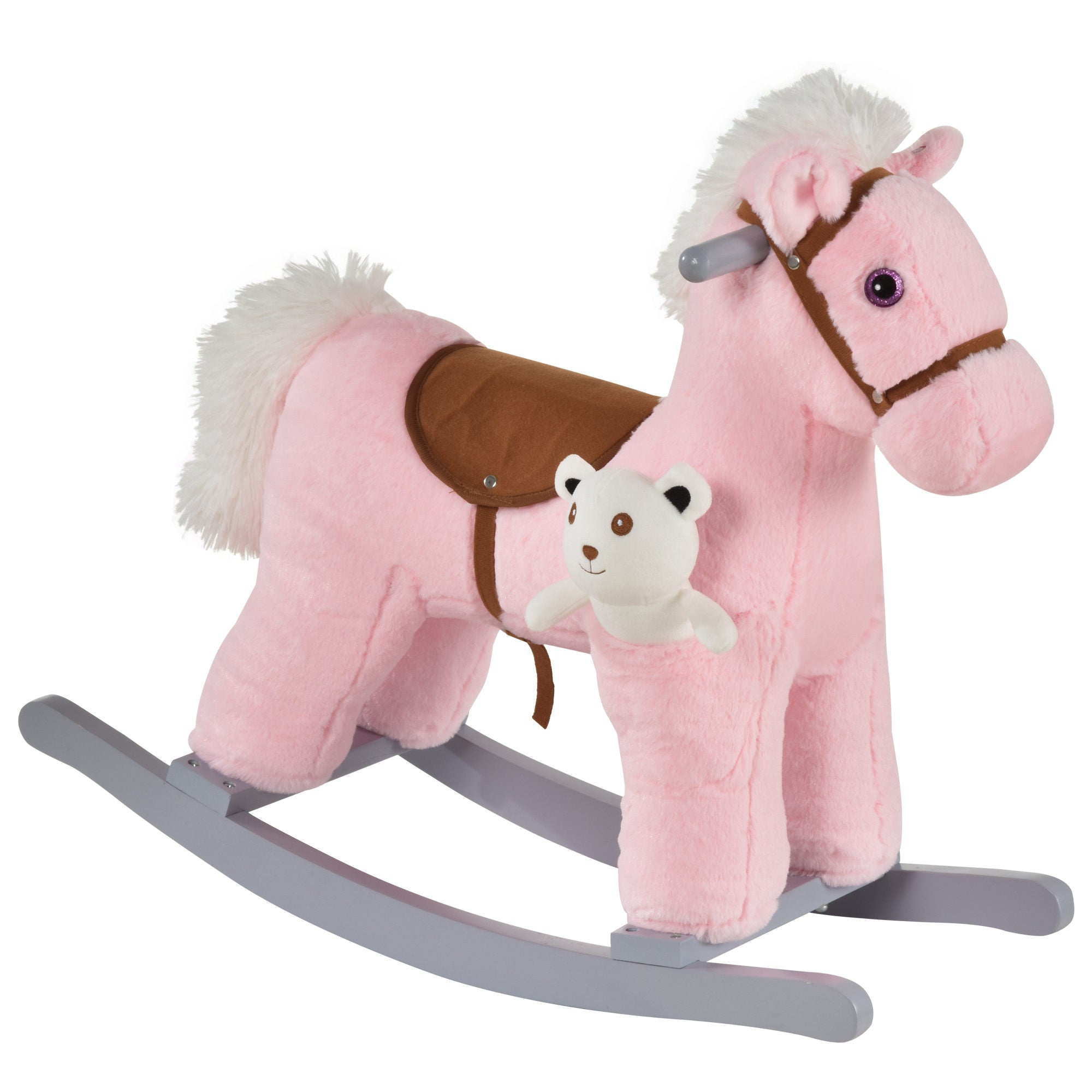 Qaba Kids Plush Ride On Rocking Horse With Bear Toy, Children Chair With Soft Plush Toy & Fun Realistic Sounds, Pink Pink Wood