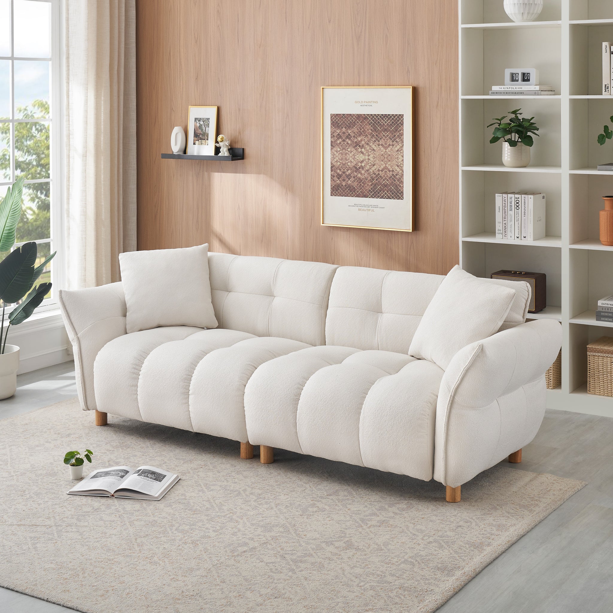 93.70 Inches Long, Teddy Sofa Fabric,With Two Matching Pillows And Three Spacious And Comfortable Seats, For Apartment Office Living Room Beige Beige Teddy 3 Seat