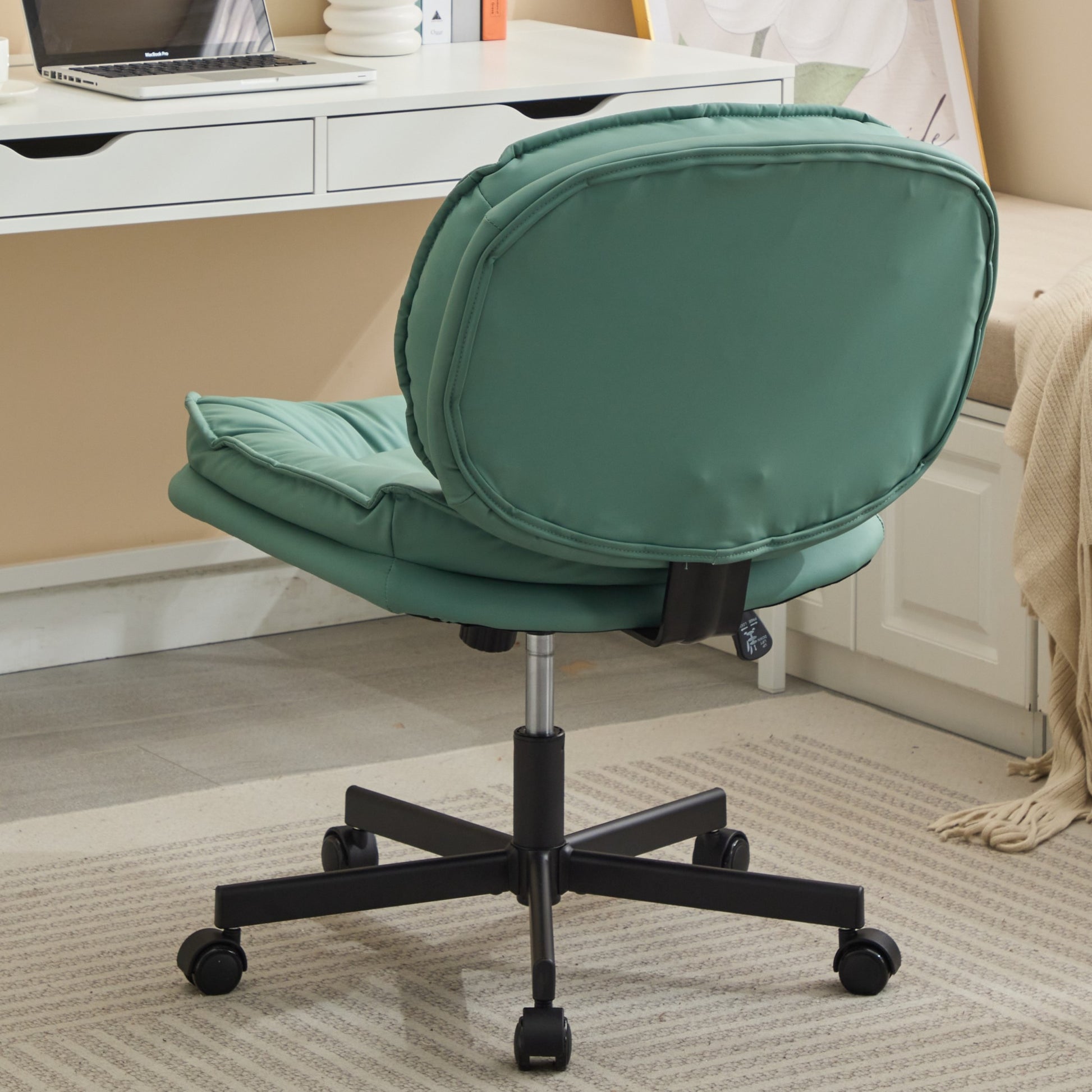 Armless Office Desk Chair With Wheels: Pu Leather Cross Legged Wide Chair,Comfortable Adjustable Swivel Computer Task Chairs For Home,Office,Make Up,Small Space,Bed Room Green Antique Fiber Foam And Polyester Fiber Pad Pvc