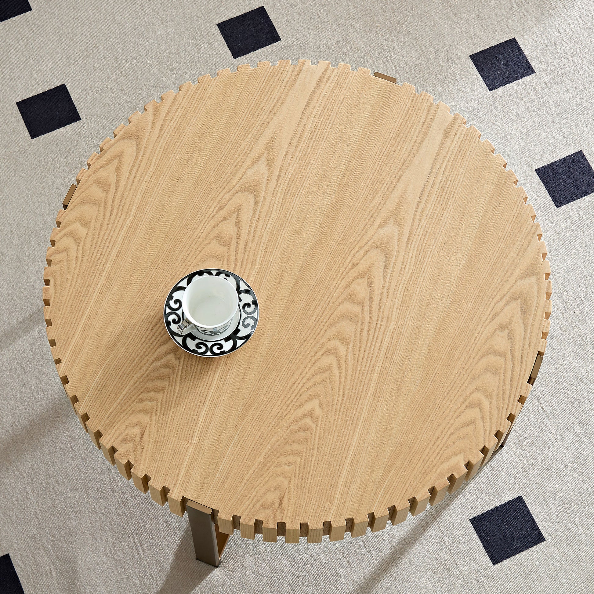 Modern Handcraft Drum Coffee Table 31.5 Inch Round Coffee Table For Living Room,Small Coffee Table With Sturdy Pedestal,Natural Ash Natural Ash Mdf Metal