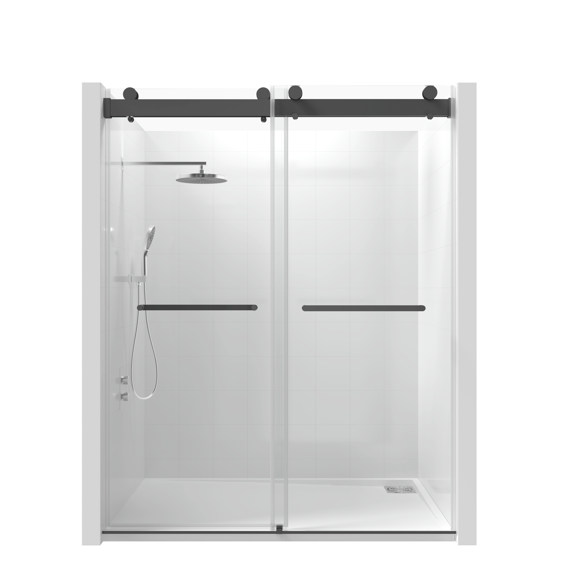 68 72 In. W X 76 In. H Double Sliding Frameless Soft Close Shower Door With Premium 3 8 Inch 10Mm Thick Tampered Glass And Easy Cleaning Coating, Stainless Steel In Matte Black 23D02 72Mb Matte Black Stainless Steel Tempered Glass Sheet Metal Plastic