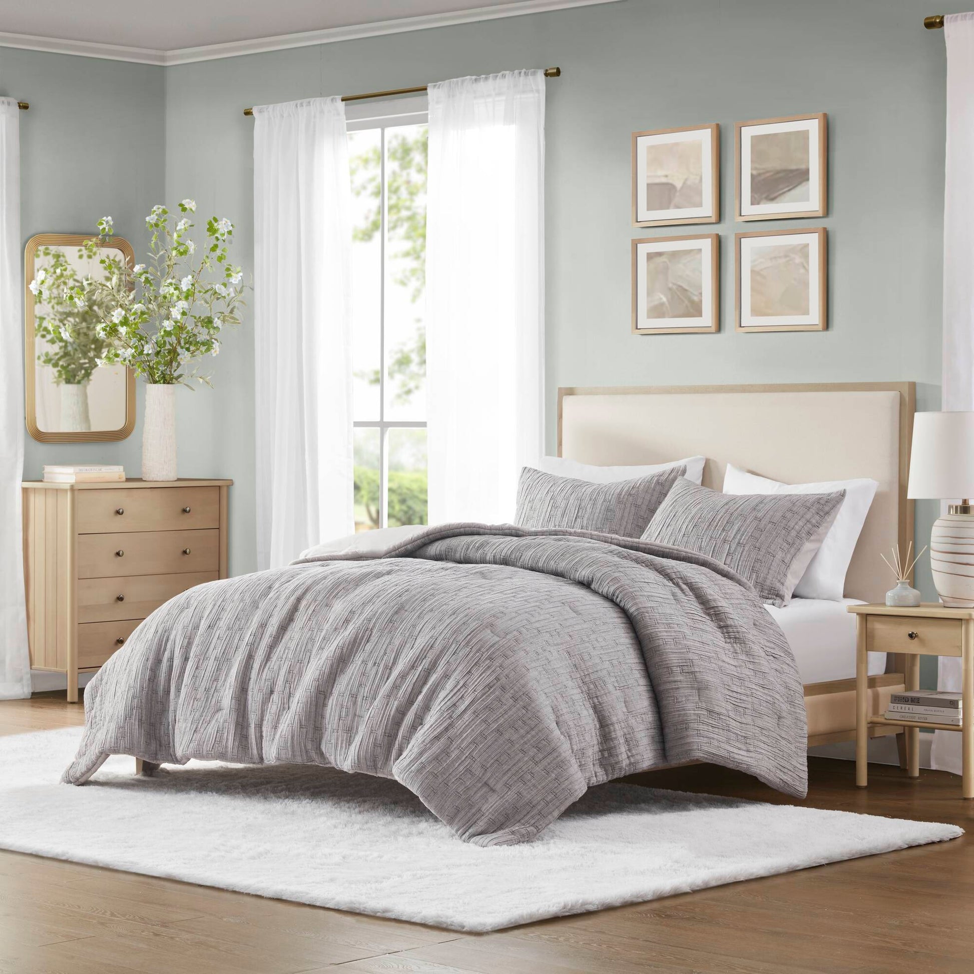 3 Piece Oversized Comforter Set Full Queen Grey Polyester